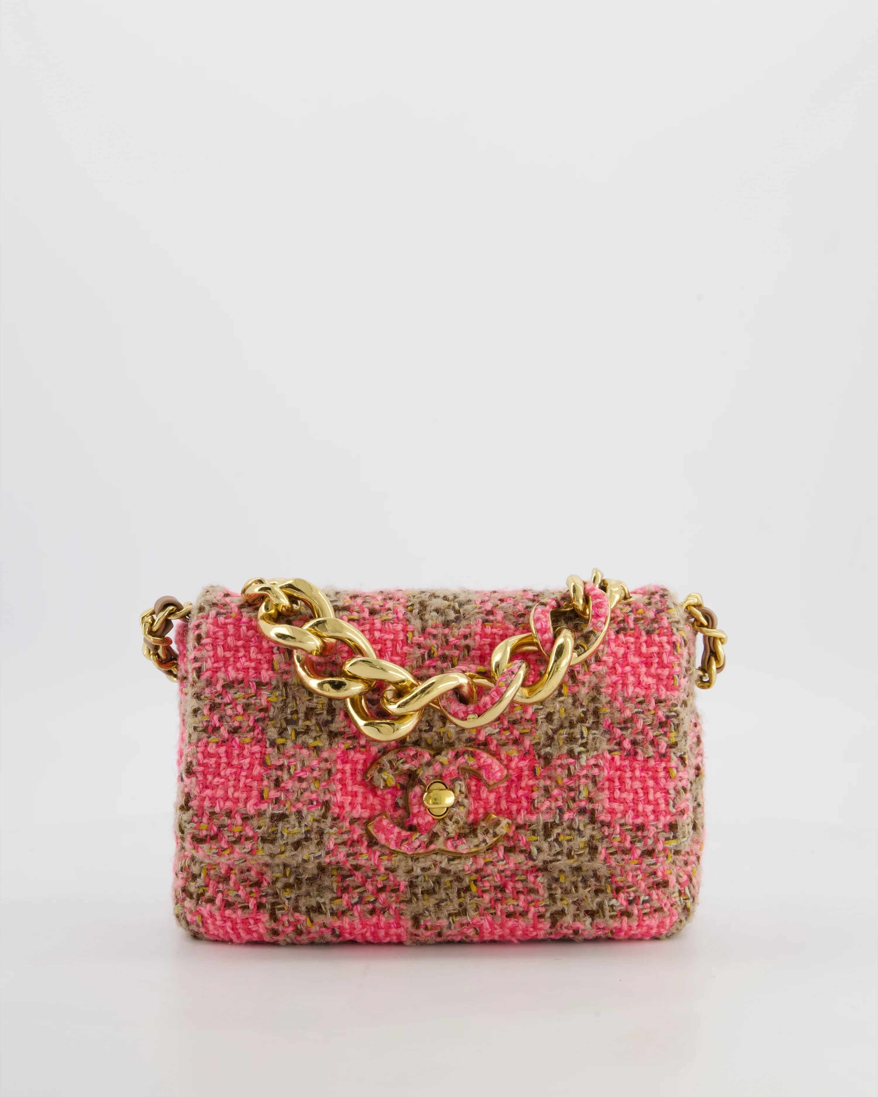 Chanel Mini 19 Flap Bag in Pink, Beige Check Tweed with Gold Hardware and Chunky Gold Chain Handle - Image 7