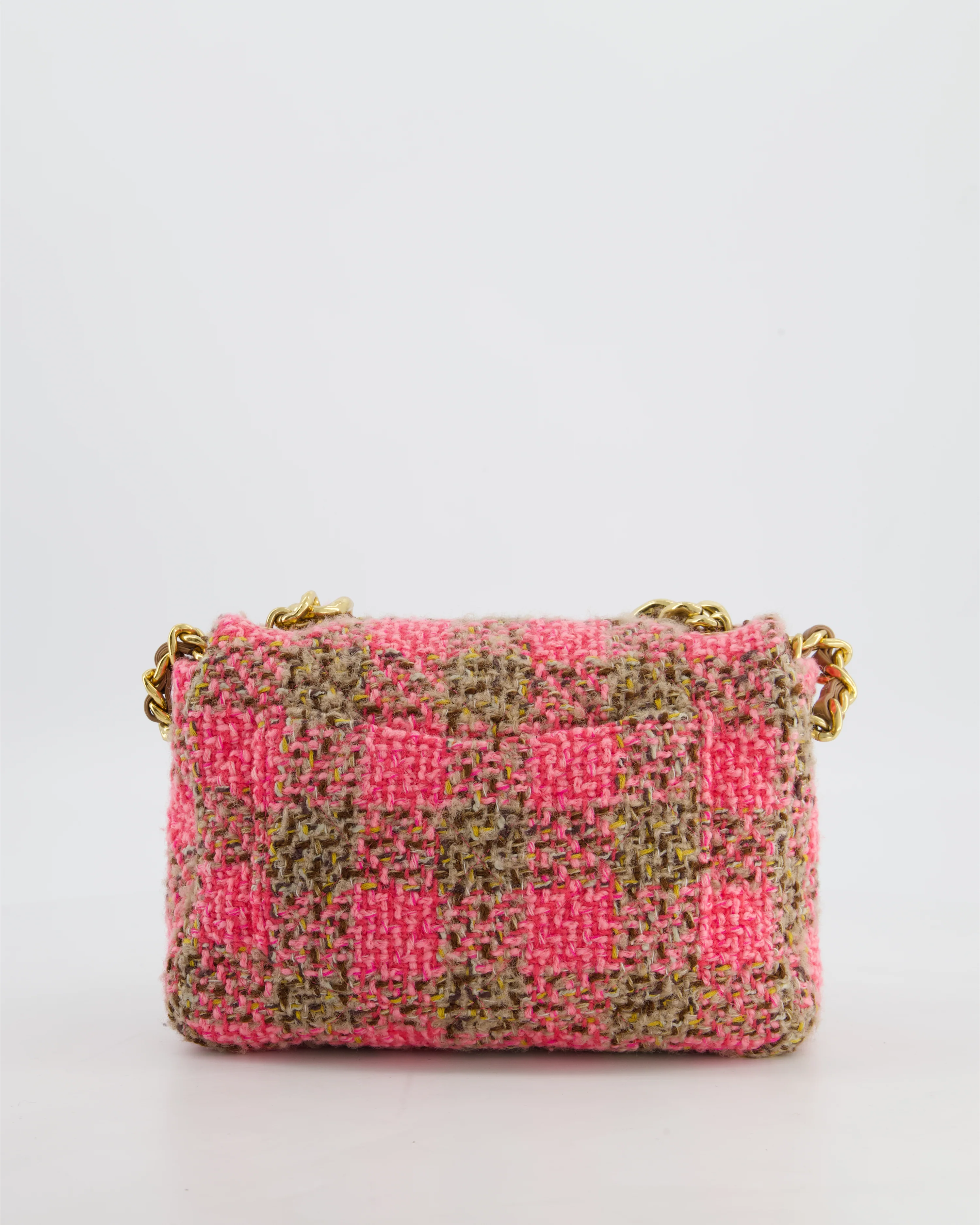 Chanel Mini 19 Flap Bag in Pink, Beige Check Tweed with Gold Hardware and Chunky Gold Chain Handle - Image 8