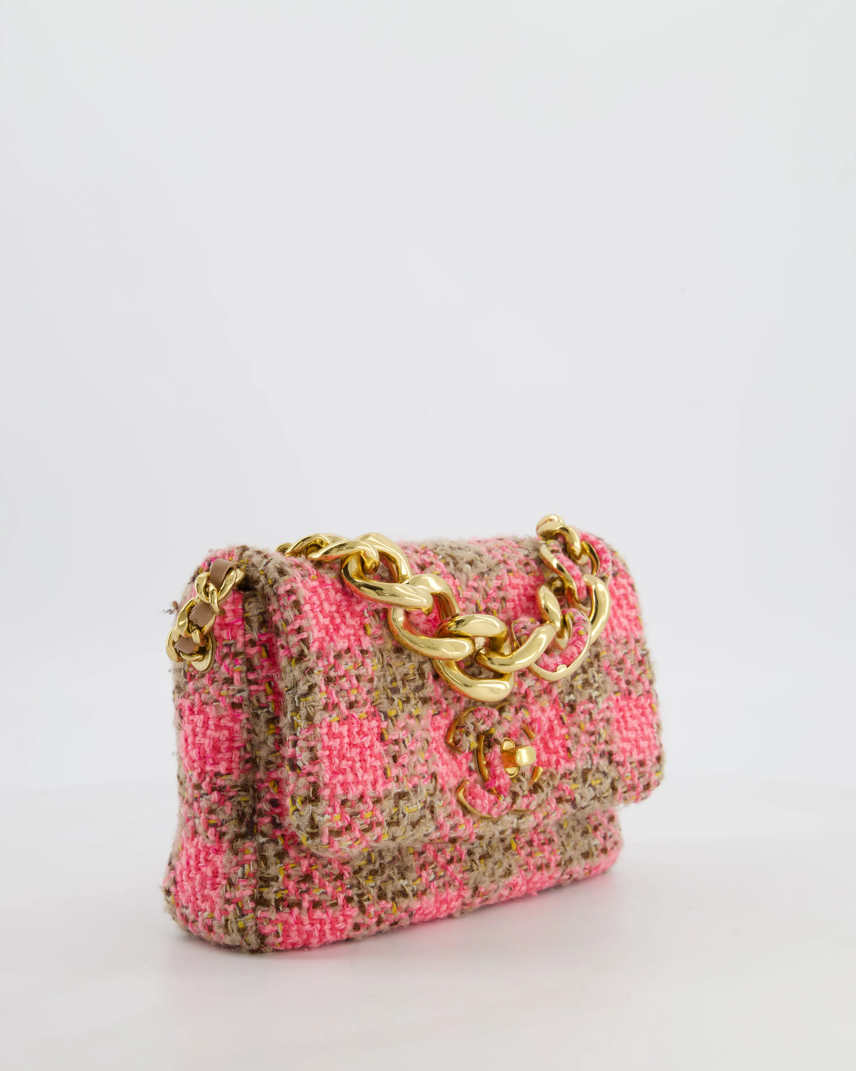 Chanel Mini 19 Flap Bag in Pink, Beige Check Tweed with Gold Hardware and Chunky Gold Chain Handle - Image 9