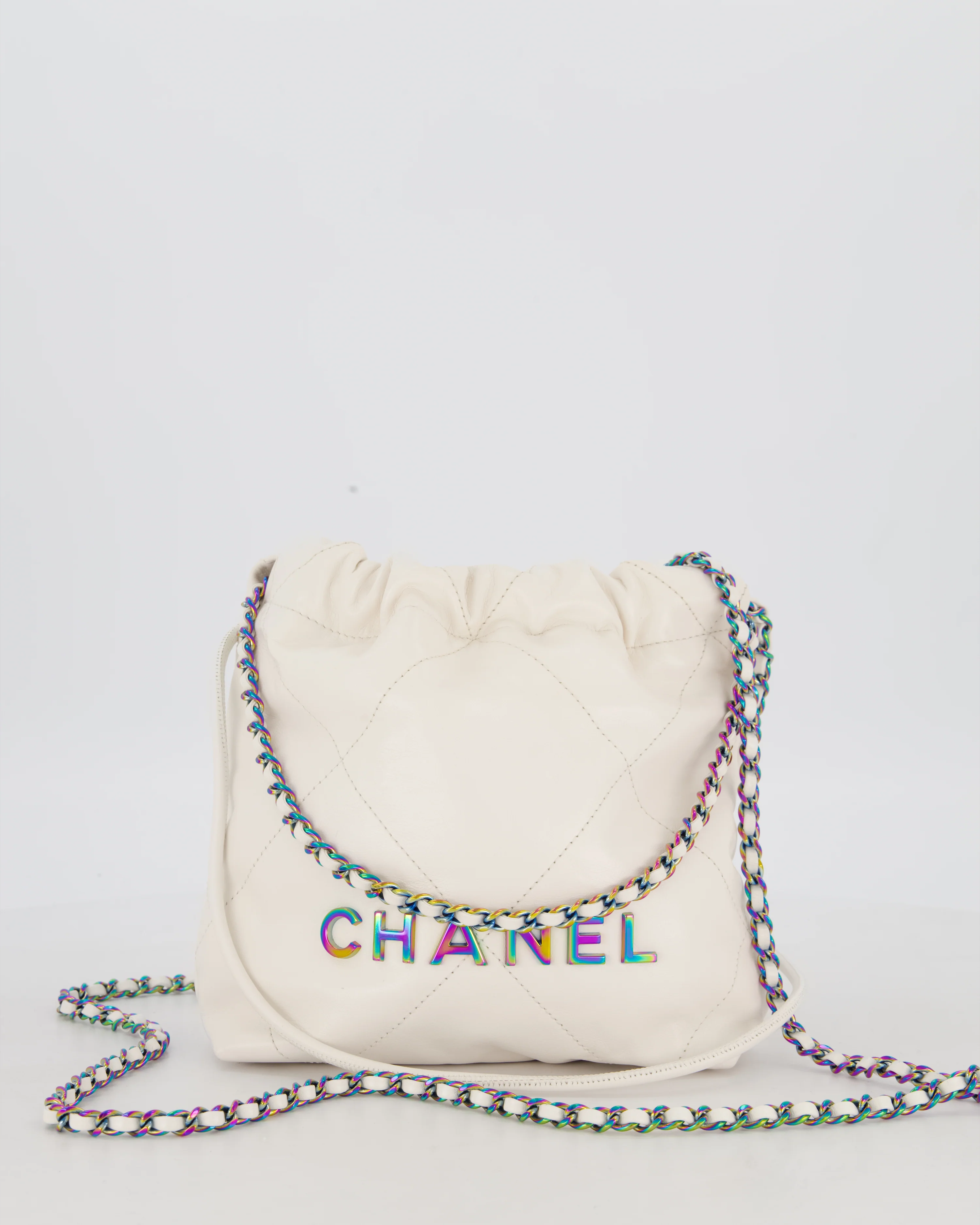 Chanel Mini 22 Bag in White Shiny Aged Calfskin Leather with Rainbow Hardware