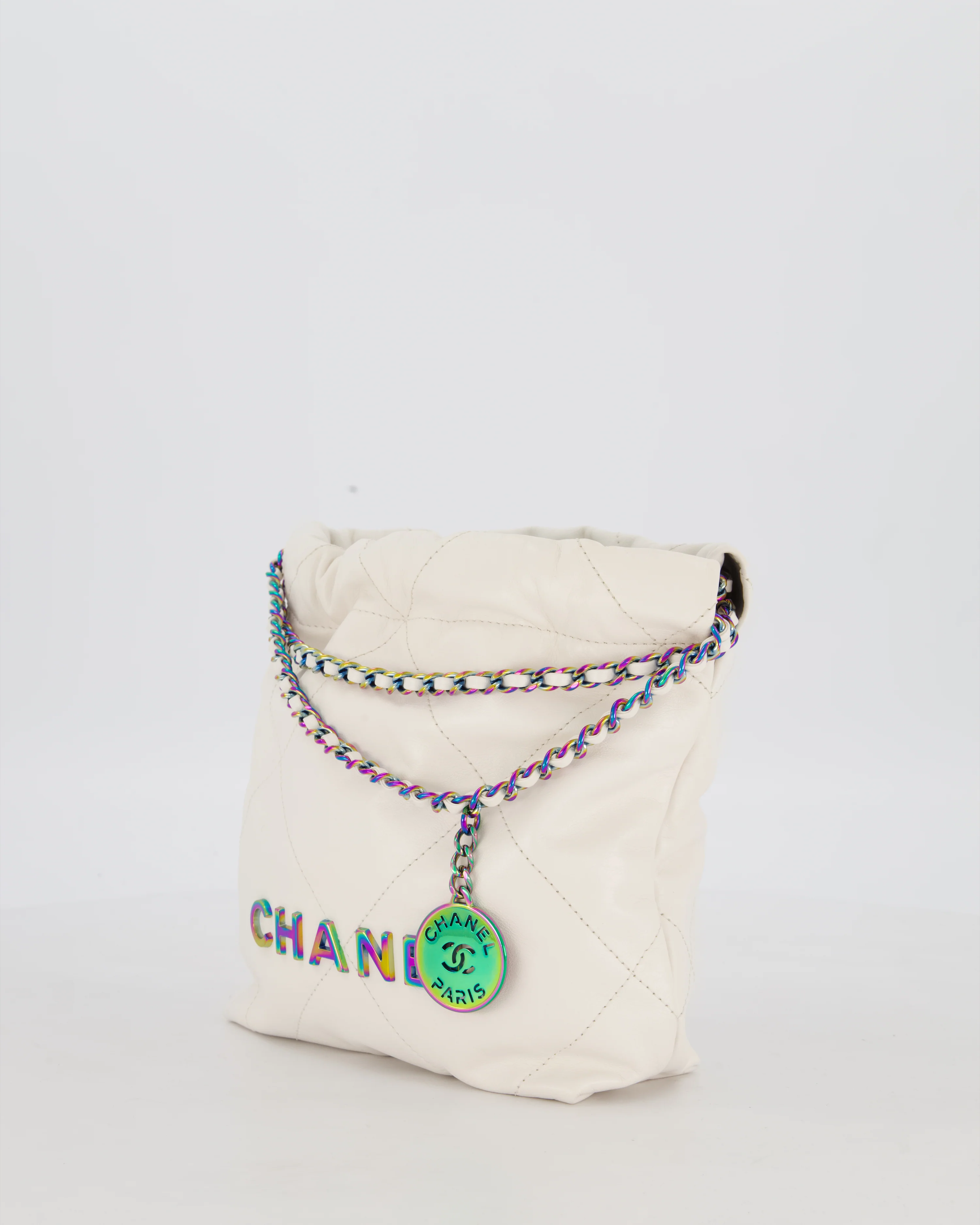 Chanel Mini 22 Bag in White Shiny Aged Calfskin Leather with Rainbow Hardware - Image 10