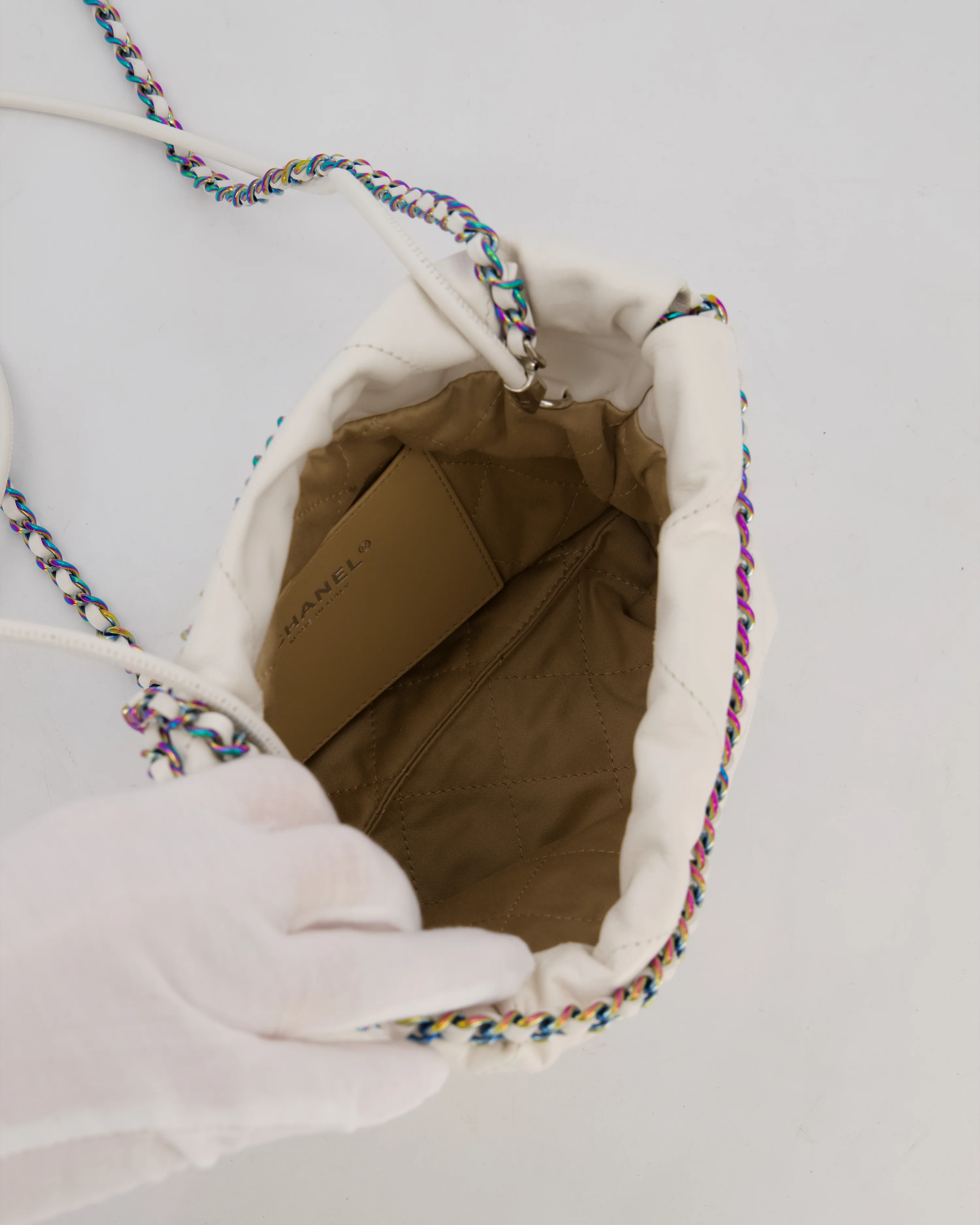 Chanel Mini 22 Bag in White Shiny Aged Calfskin Leather with Rainbow Hardware - Image 16