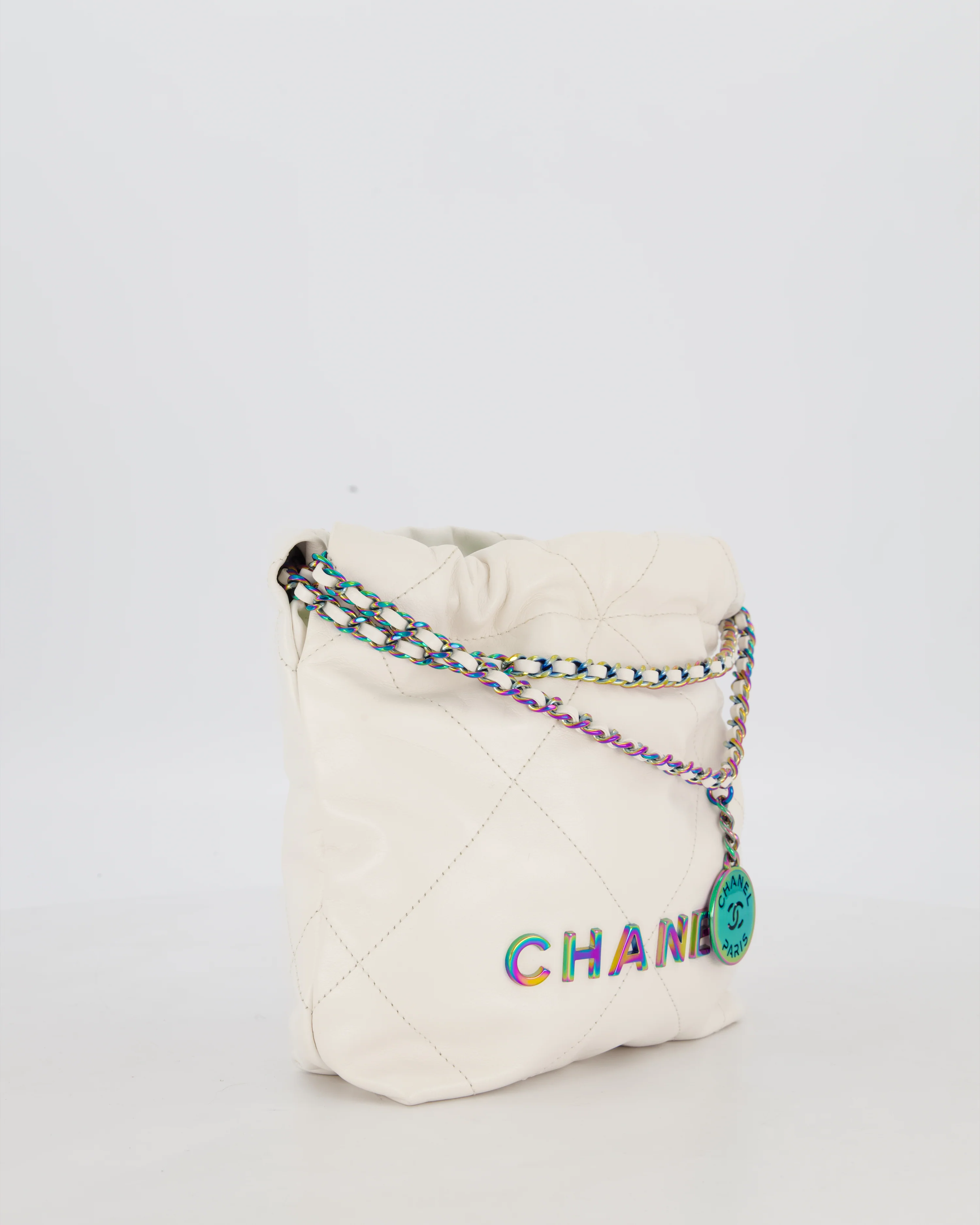 Chanel Mini 22 Bag in White Shiny Aged Calfskin Leather with Rainbow Hardware - Image 4