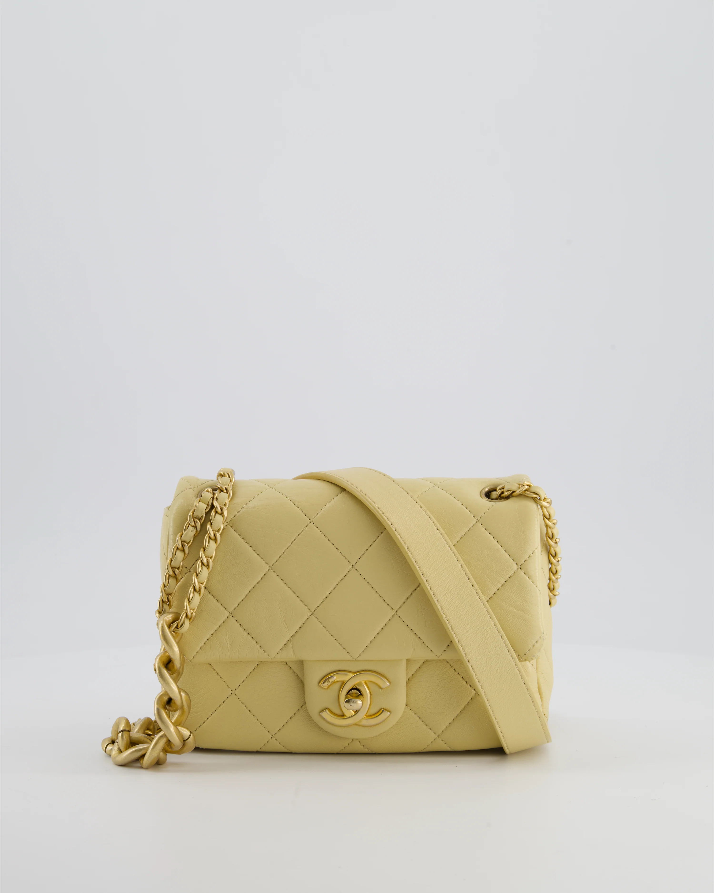 Chanel Mini Flap Bag in Pale Yellow Lambskin Leather with Chunky Chain and Gold Hardware