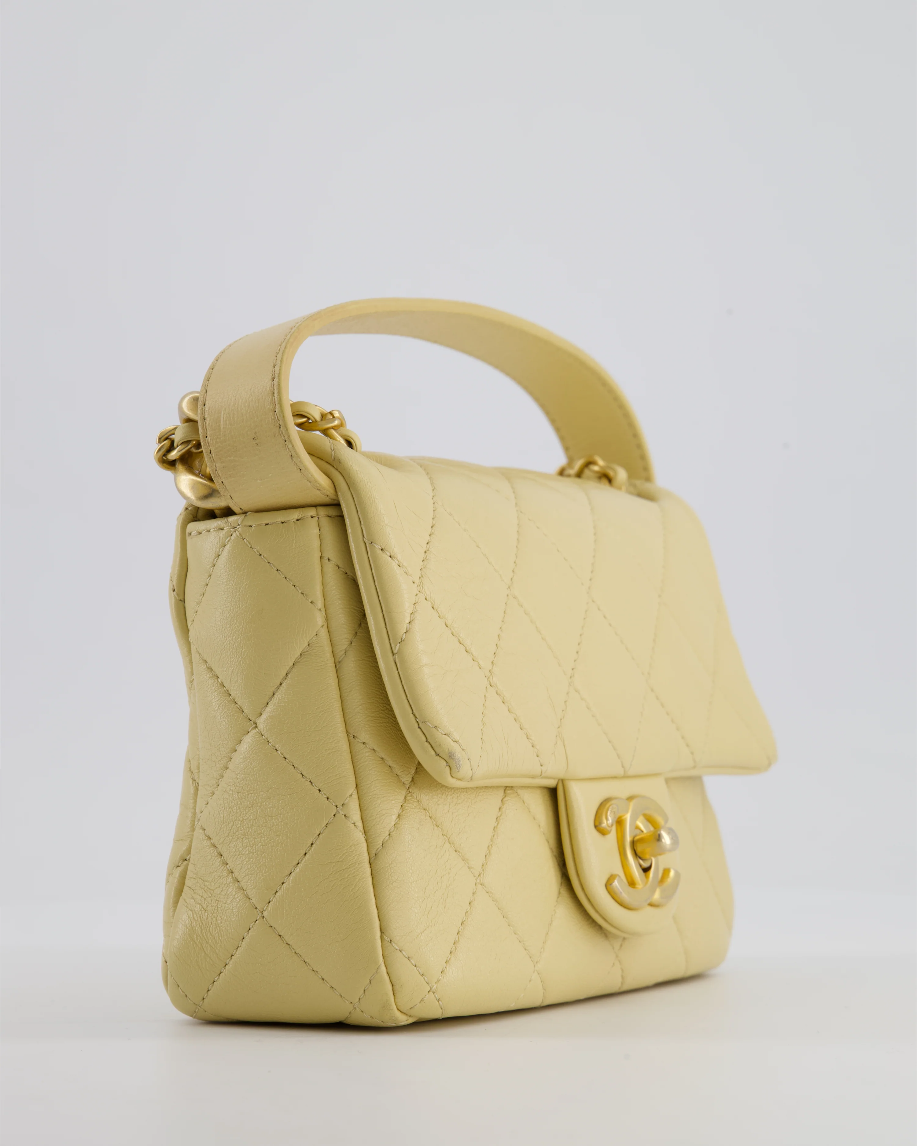 Chanel Mini Flap Bag in Pale Yellow Lambskin Leather with Chunky Chain and Gold Hardware - Image 11