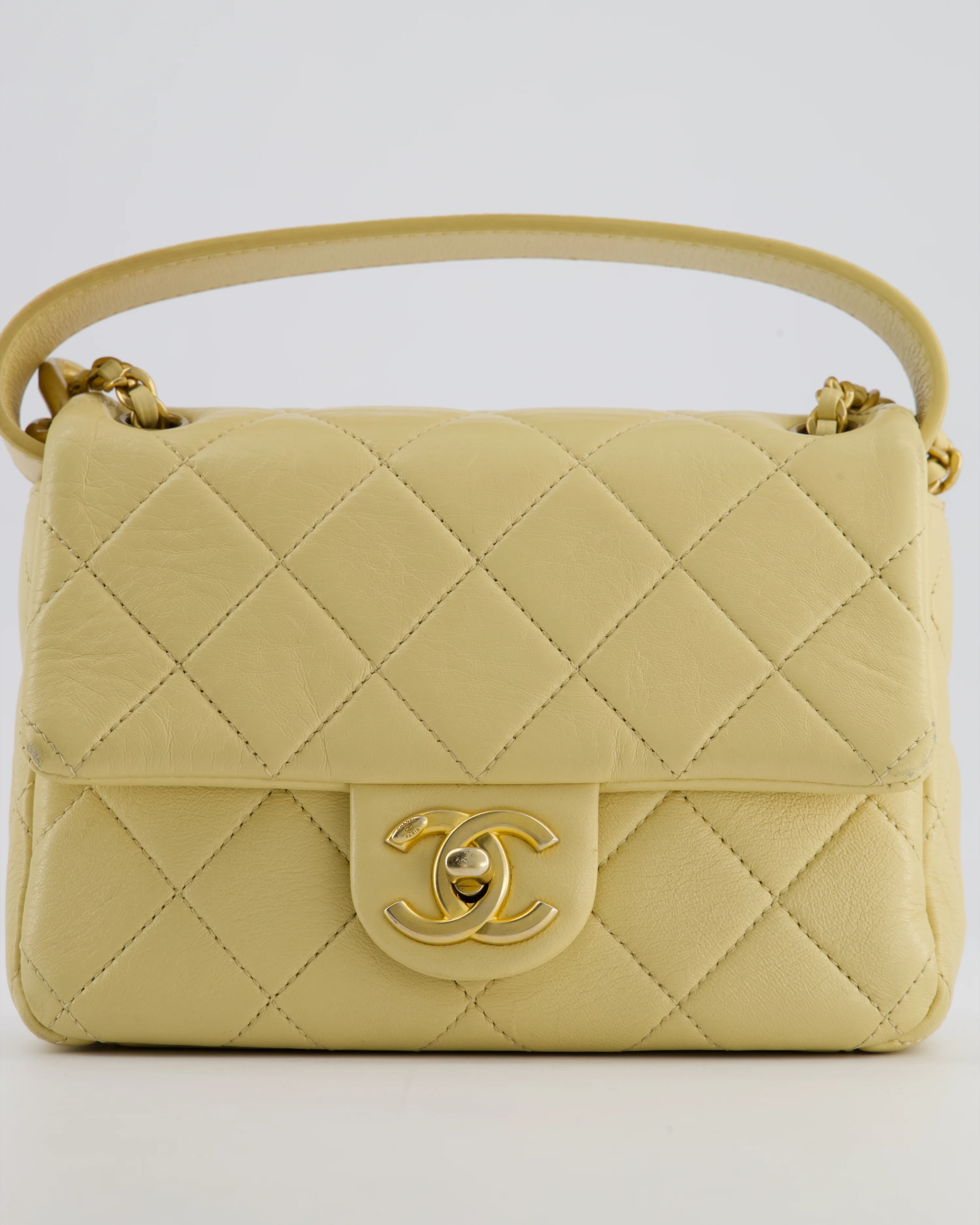 Chanel Mini Flap Bag in Pale Yellow Lambskin Leather with Chunky Chain and Gold Hardware - Image 15