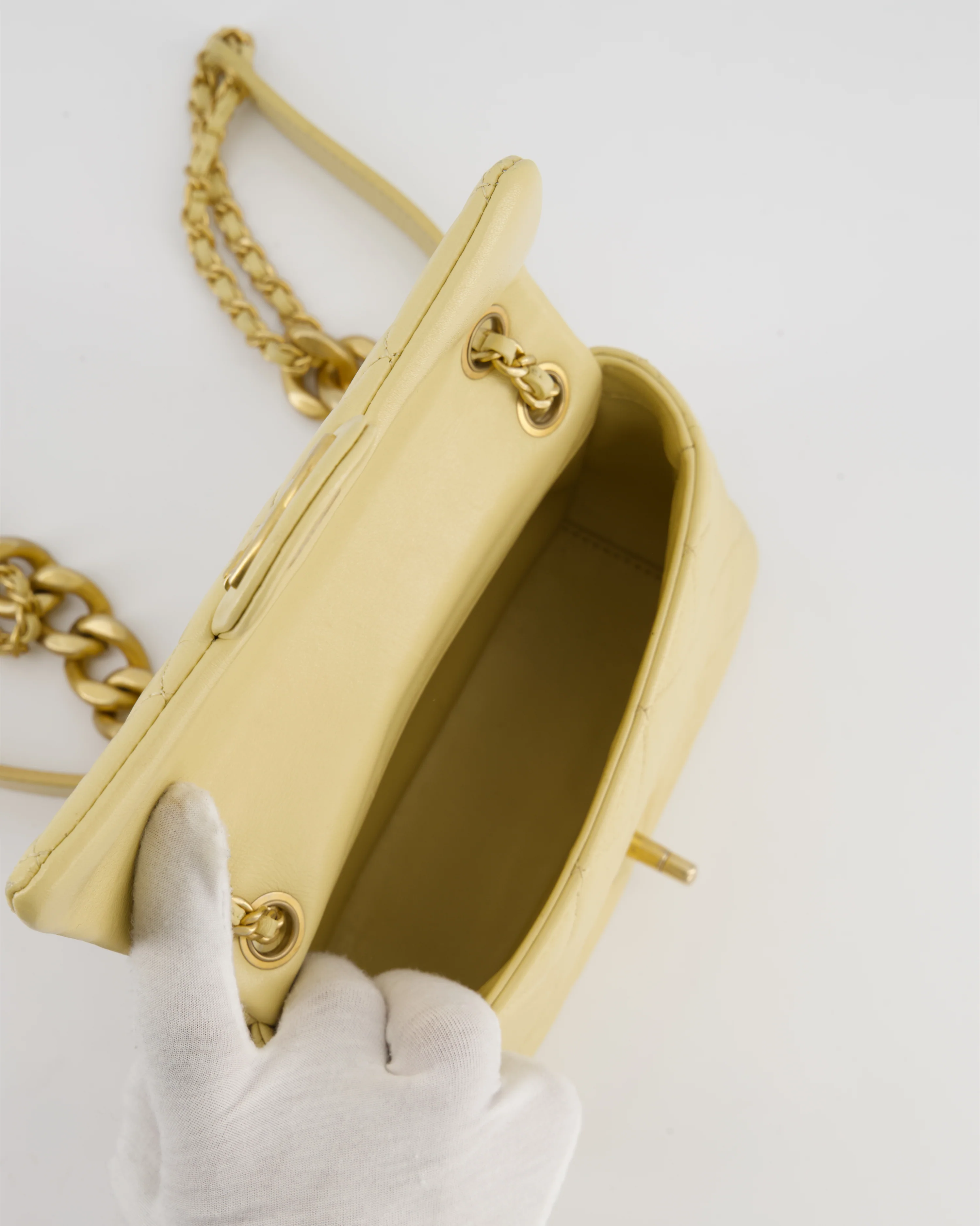 Chanel Mini Flap Bag in Pale Yellow Lambskin Leather with Chunky Chain and Gold Hardware - Image 17