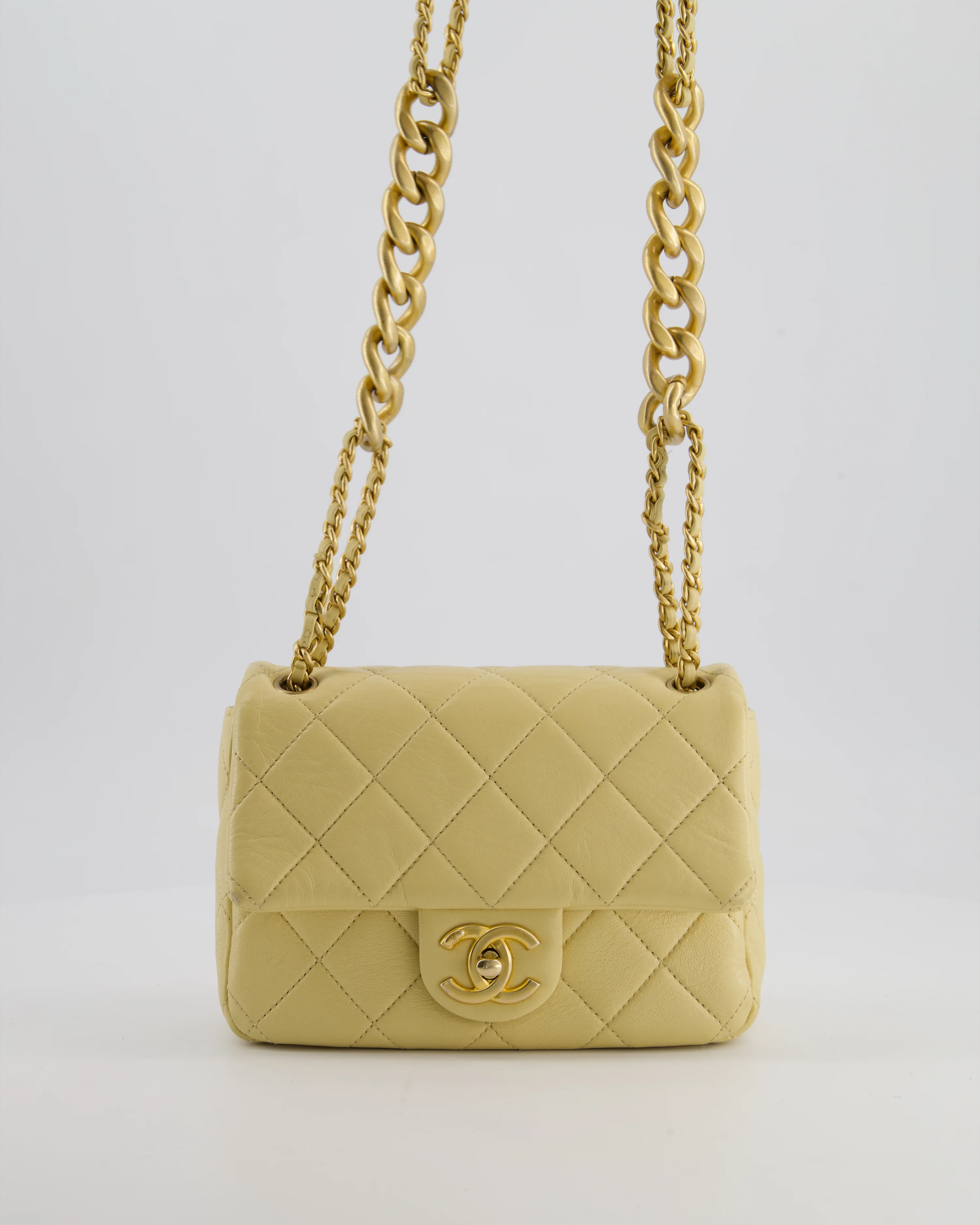 Chanel Mini Flap Bag in Pale Yellow Lambskin Leather with Chunky Chain and Gold Hardware - Image 3