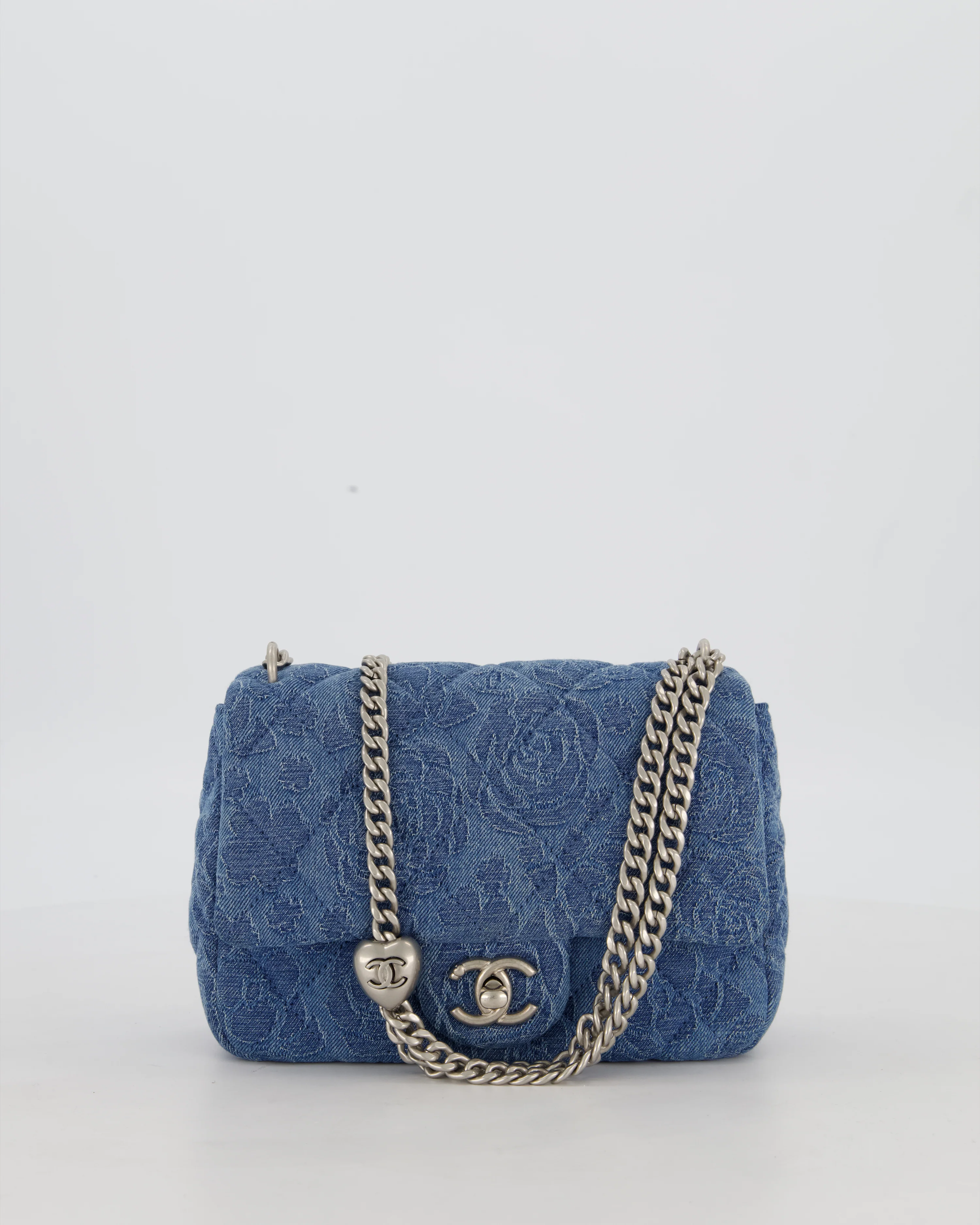 *HOT* Chanel 23P Mini Rectangular Flap Bag in Blue Quilted Denim with Camelia Print and Brushed Silver Hardware