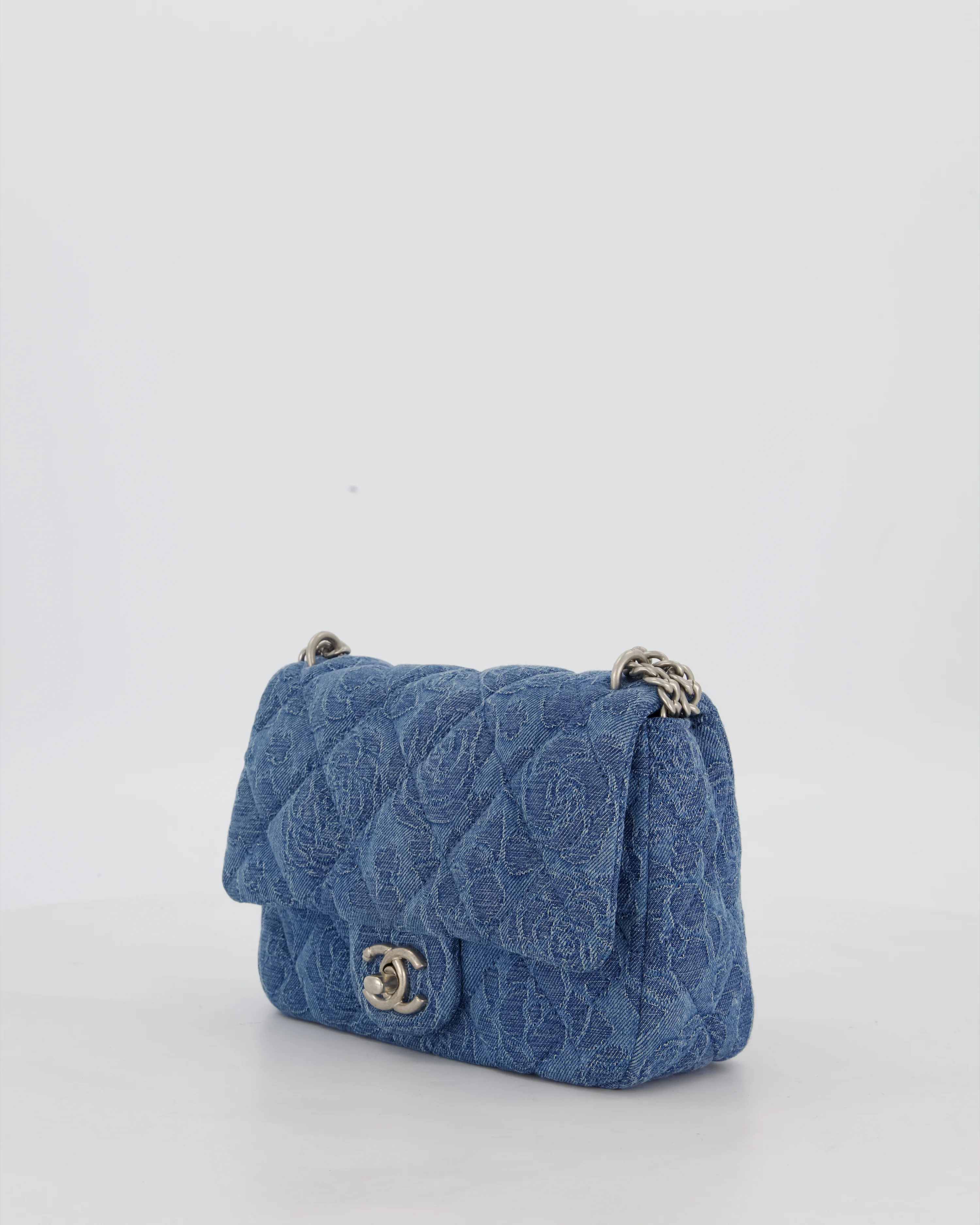 *HOT* Chanel 23P Mini Rectangular Flap Bag in Blue Quilted Denim with Camelia Print and Brushed Silver Hardware - Image 10