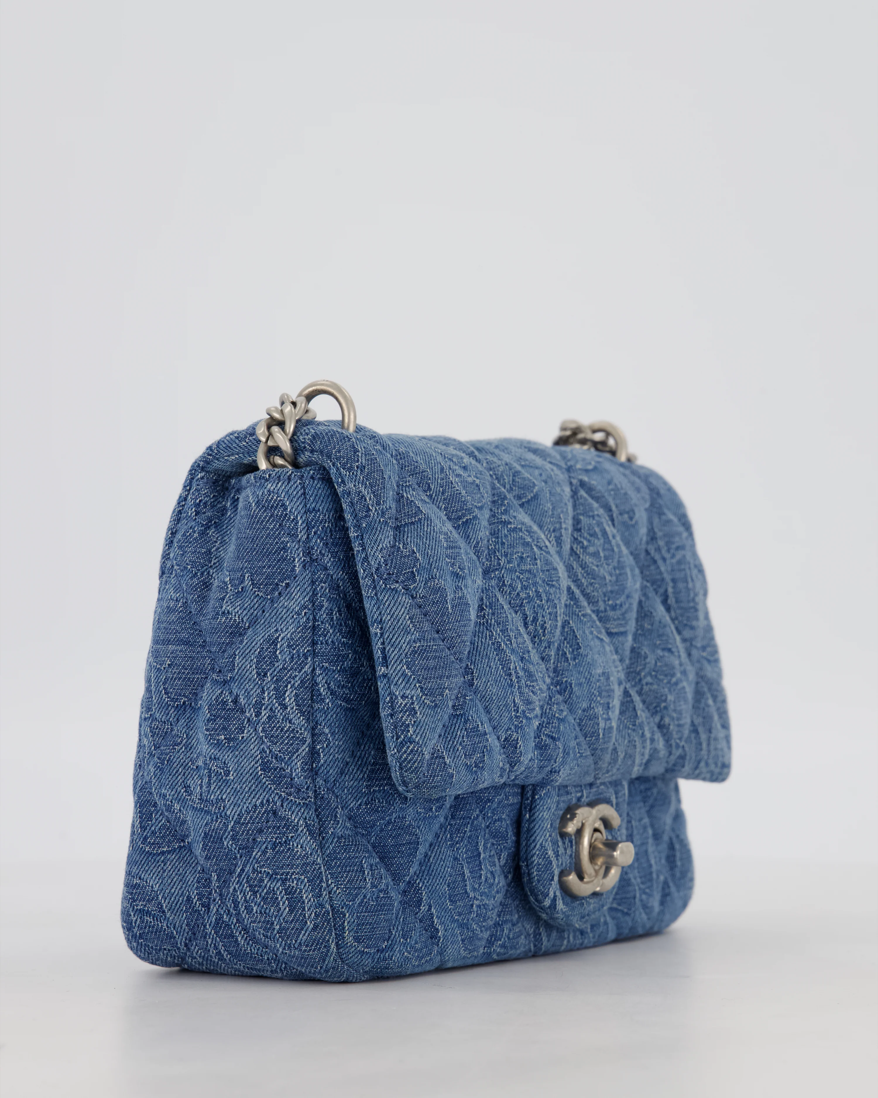 *HOT* Chanel 23P Mini Rectangular Flap Bag in Blue Quilted Denim with Camelia Print and Brushed Silver Hardware - Image 11