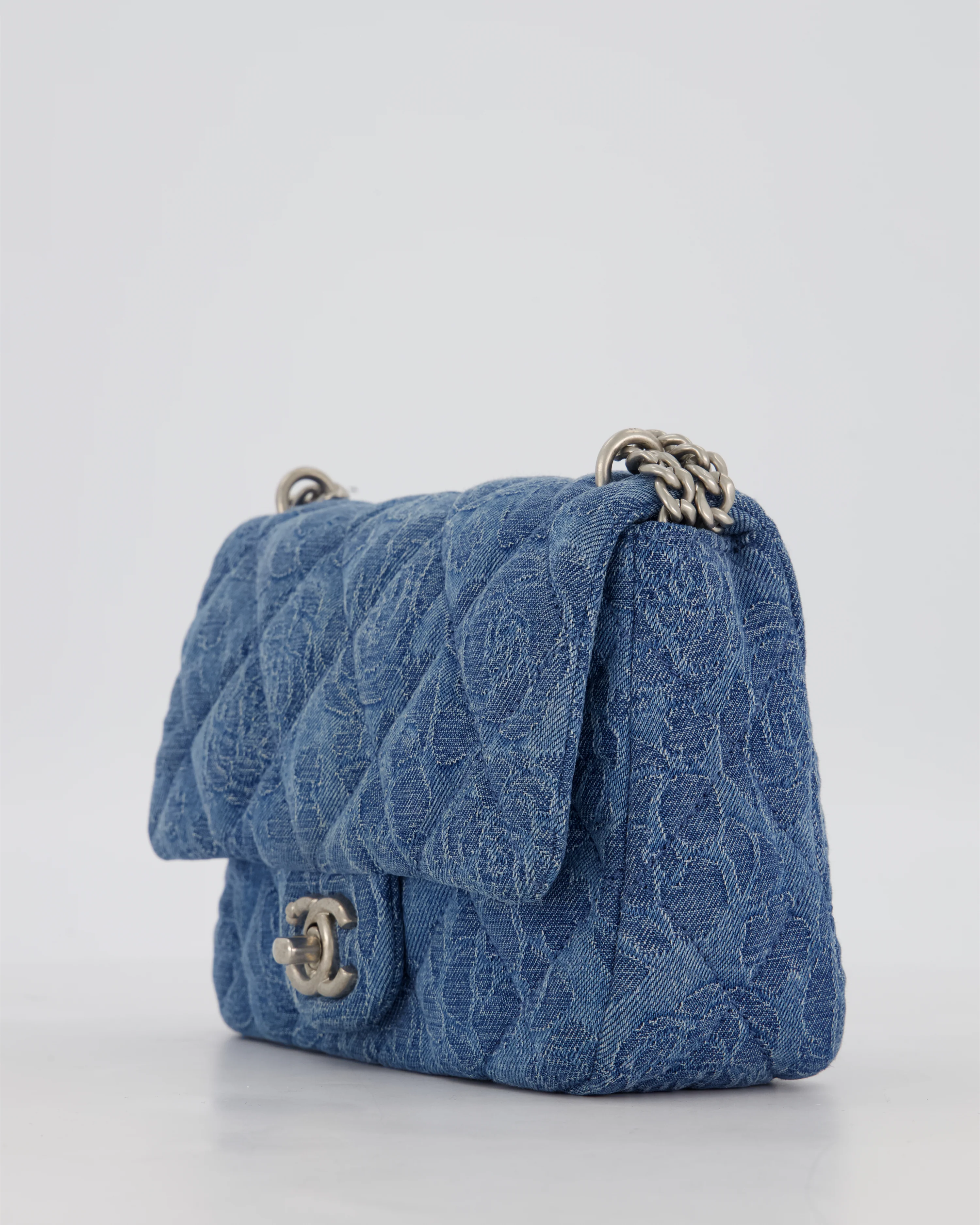 *HOT* Chanel 23P Mini Rectangular Flap Bag in Blue Quilted Denim with Camelia Print and Brushed Silver Hardware - Image 12