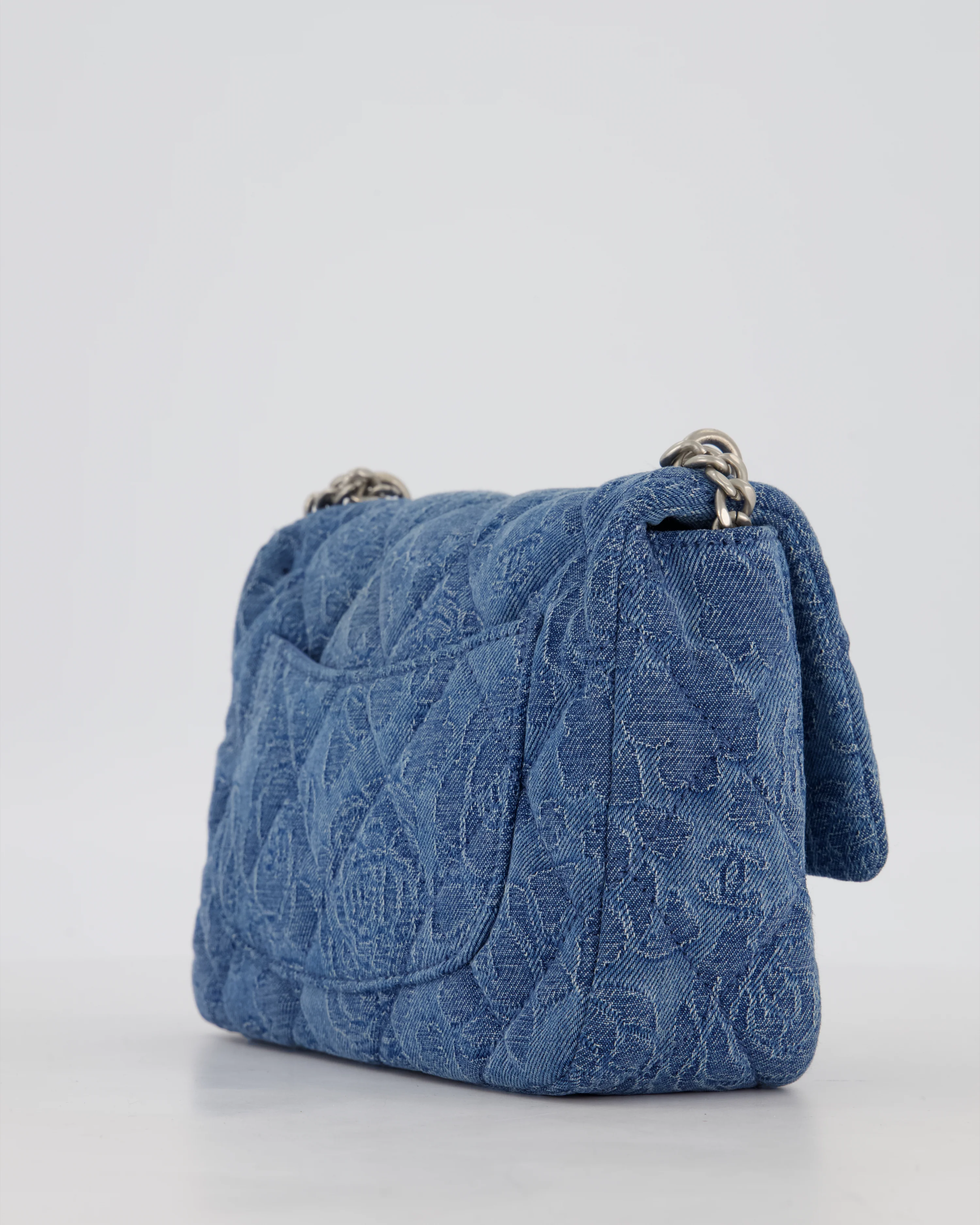 *HOT* Chanel 23P Mini Rectangular Flap Bag in Blue Quilted Denim with Camelia Print and Brushed Silver Hardware - Image 13