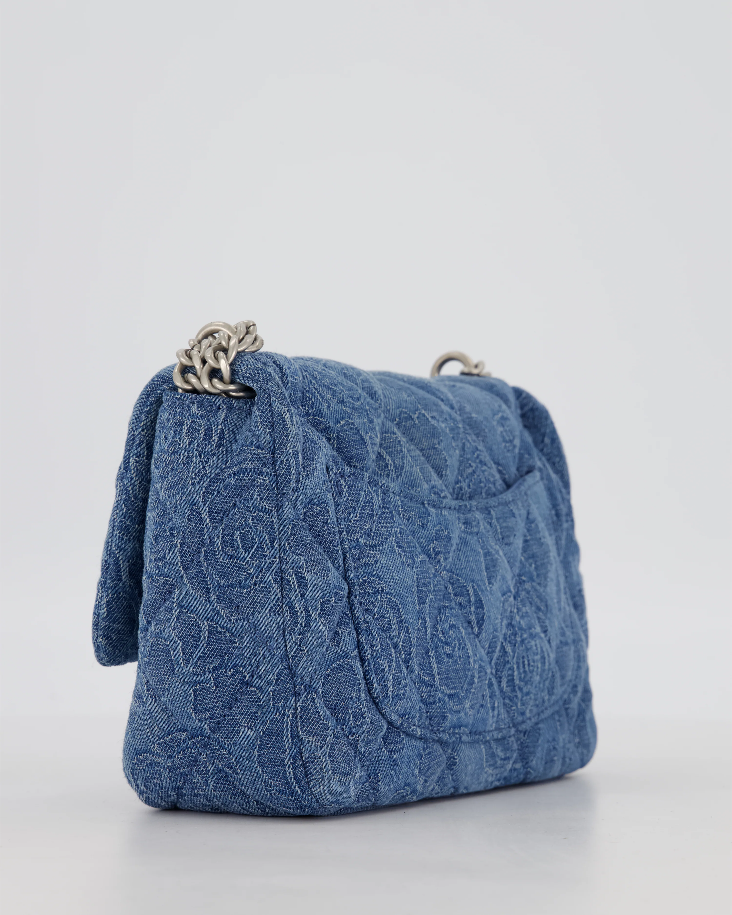 *HOT* Chanel 23P Mini Rectangular Flap Bag in Blue Quilted Denim with Camelia Print and Brushed Silver Hardware - Image 14
