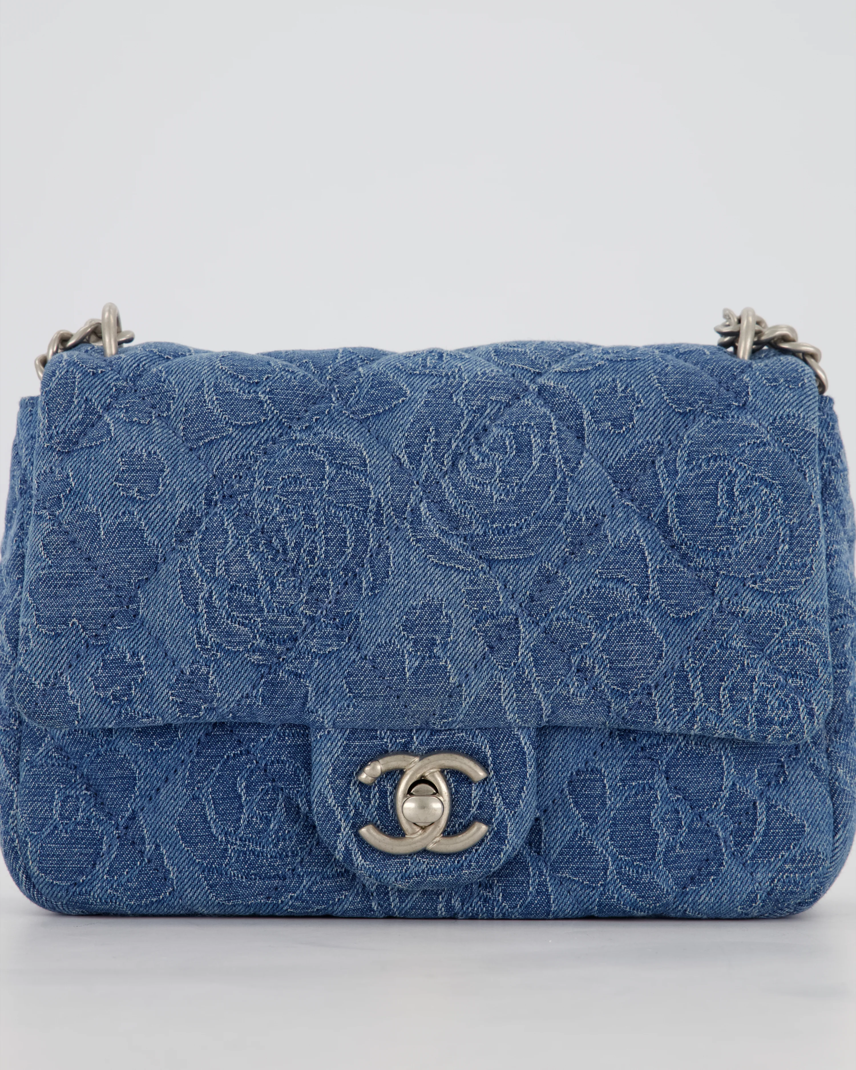 *HOT* Chanel 23P Mini Rectangular Flap Bag in Blue Quilted Denim with Camelia Print and Brushed Silver Hardware - Image 15