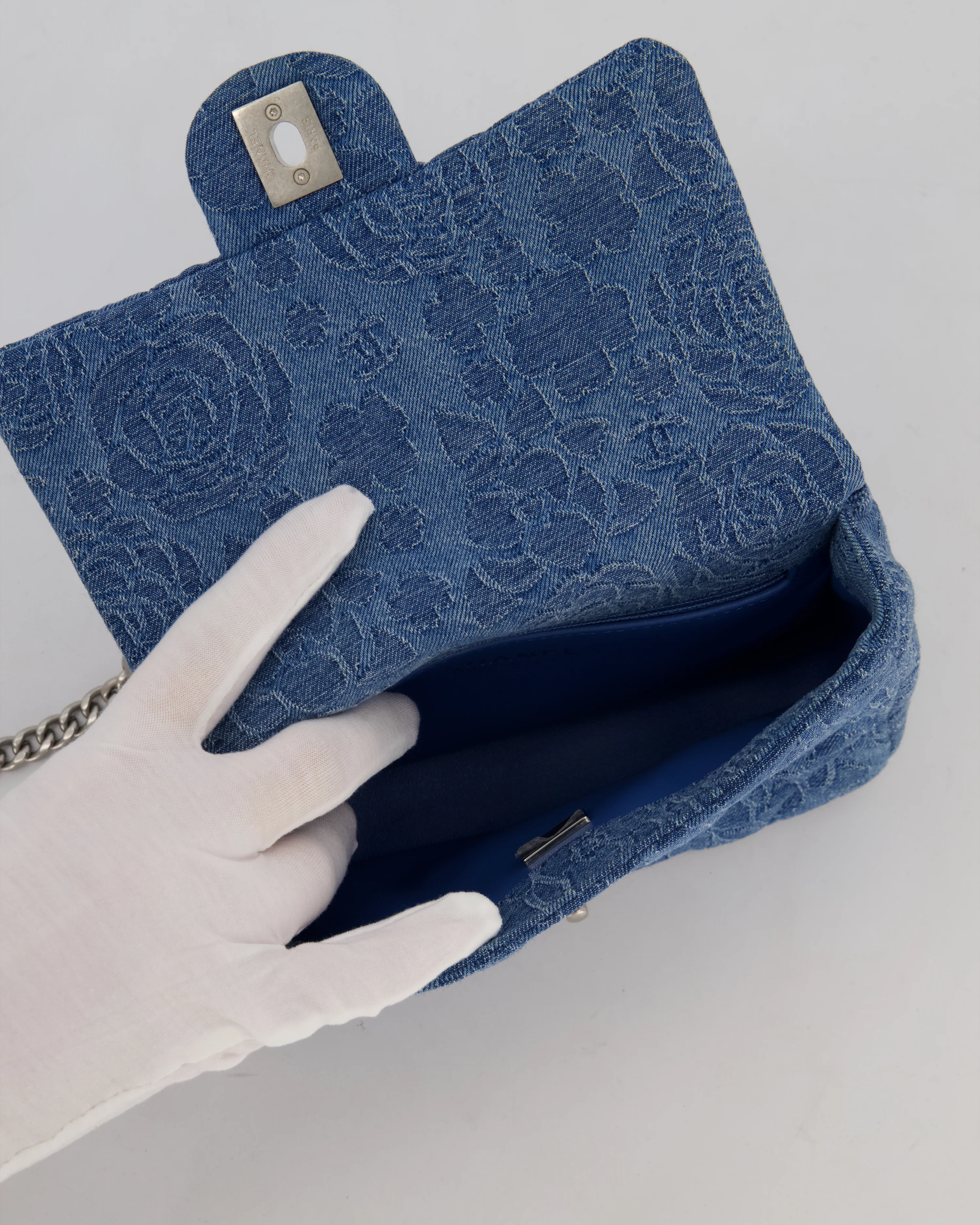 *HOT* Chanel 23P Mini Rectangular Flap Bag in Blue Quilted Denim with Camelia Print and Brushed Silver Hardware - Image 16
