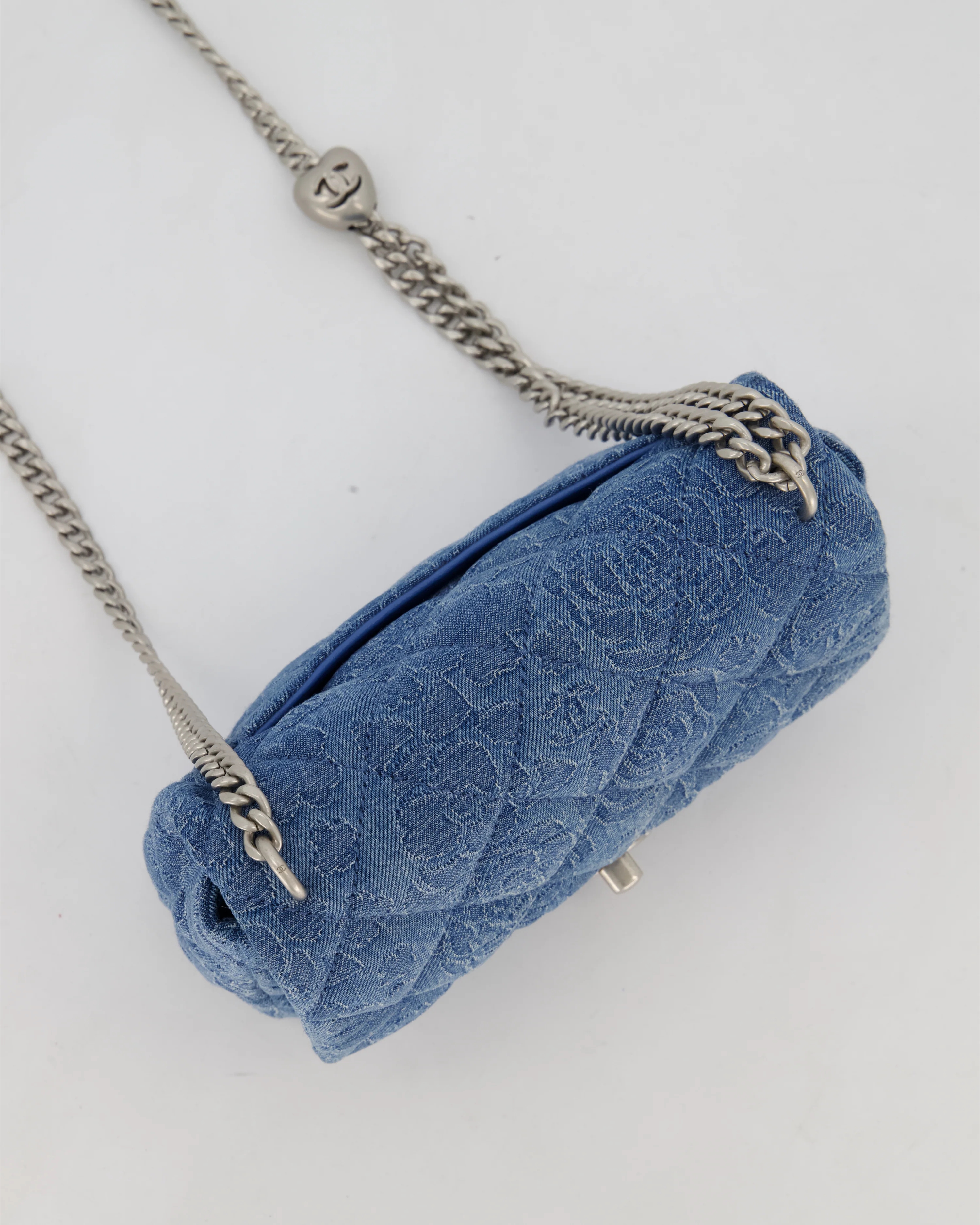 *HOT* Chanel 23P Mini Rectangular Flap Bag in Blue Quilted Denim with Camelia Print and Brushed Silver Hardware - Image 17