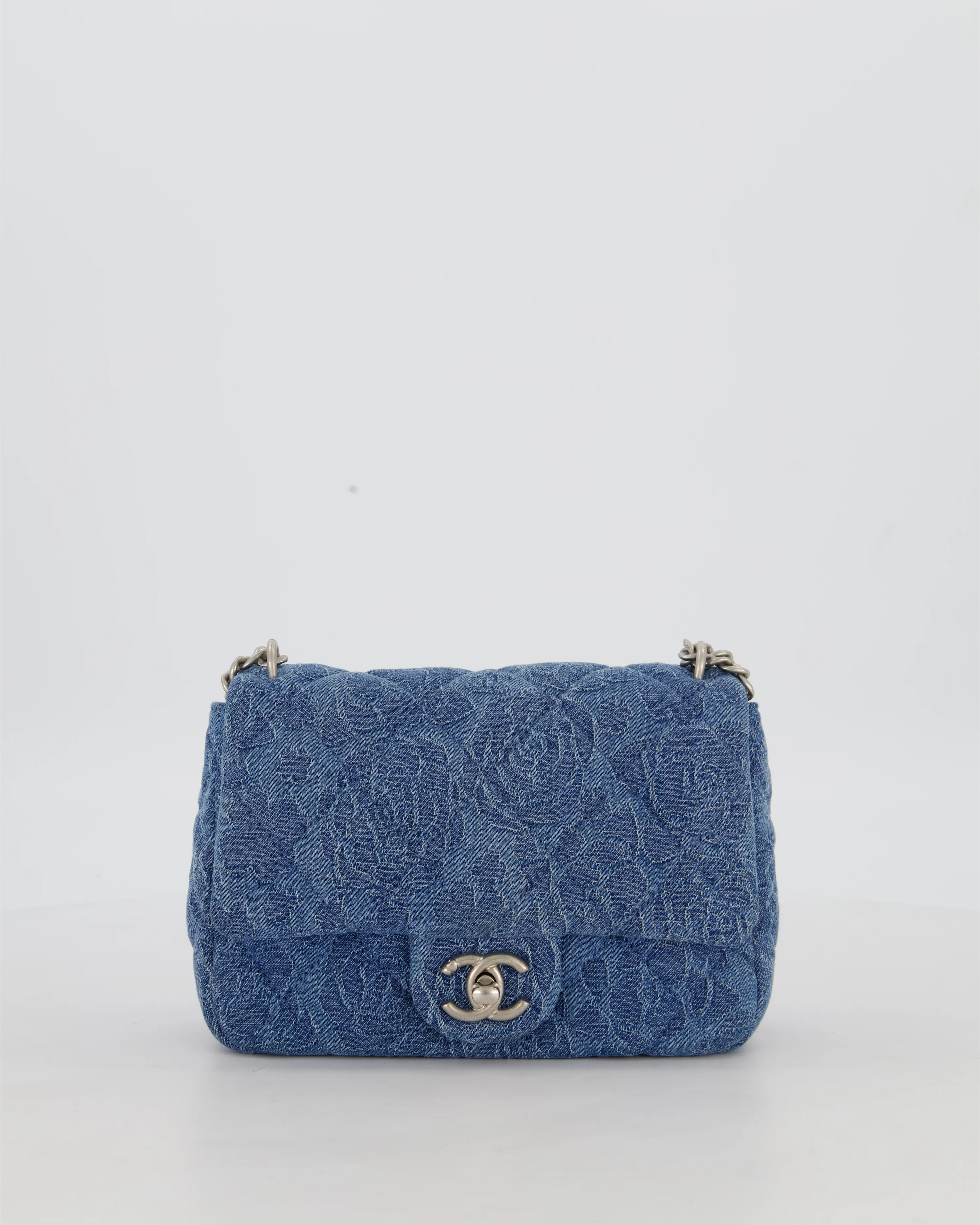 *HOT* Chanel 23P Mini Rectangular Flap Bag in Blue Quilted Denim with Camelia Print and Brushed Silver Hardware - Image 3