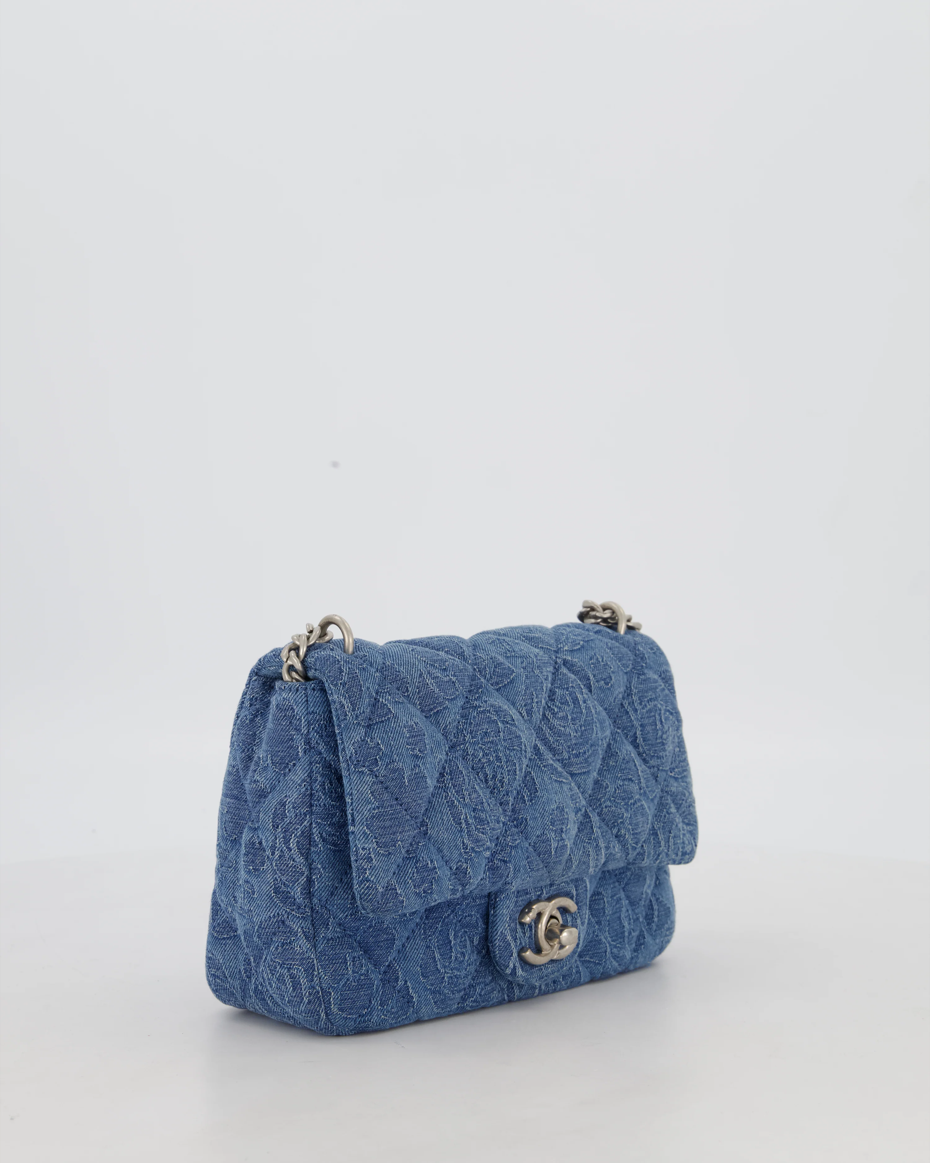 *HOT* Chanel 23P Mini Rectangular Flap Bag in Blue Quilted Denim with Camelia Print and Brushed Silver Hardware - Image 4
