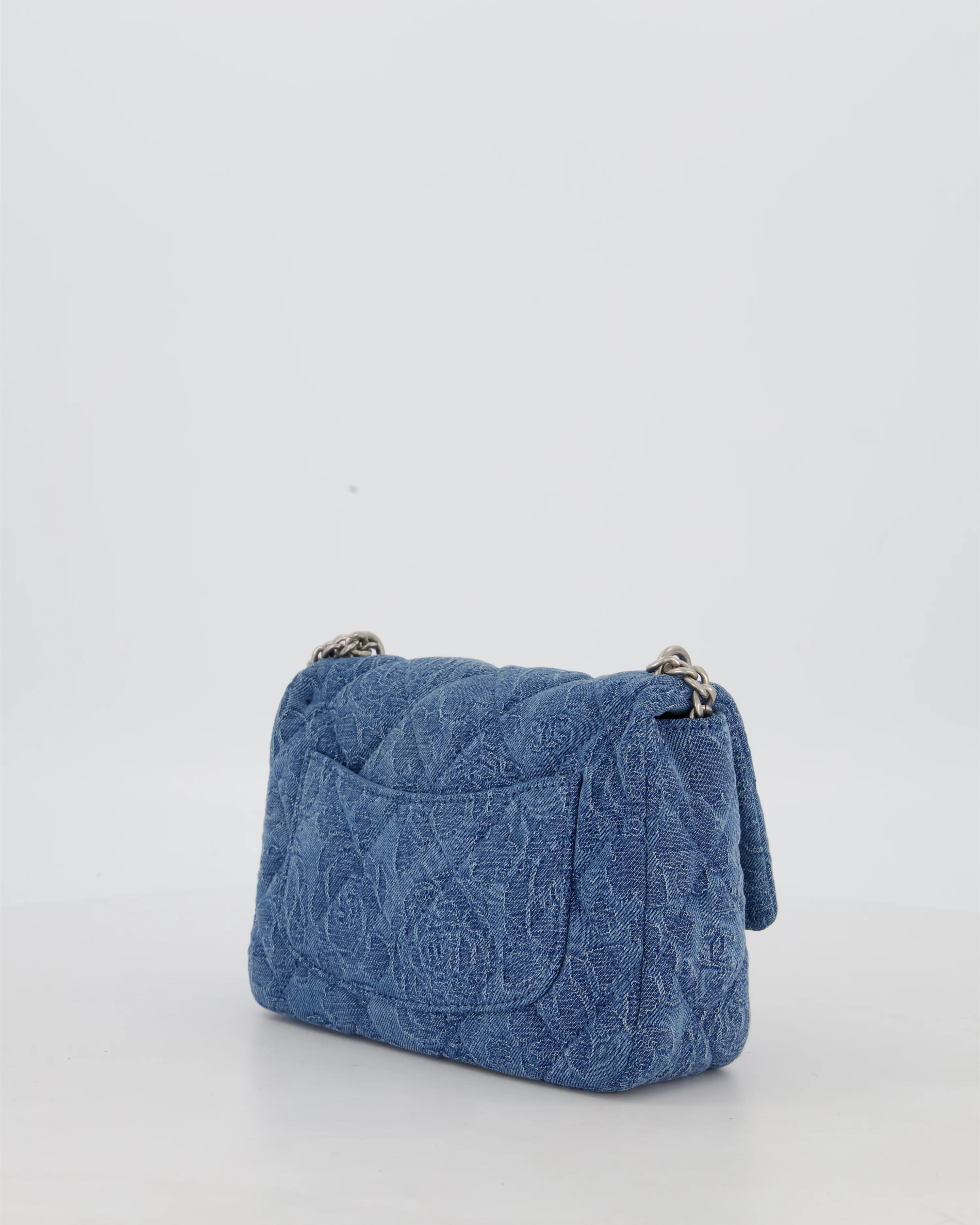 *HOT* Chanel 23P Mini Rectangular Flap Bag in Blue Quilted Denim with Camelia Print and Brushed Silver Hardware - Image 6