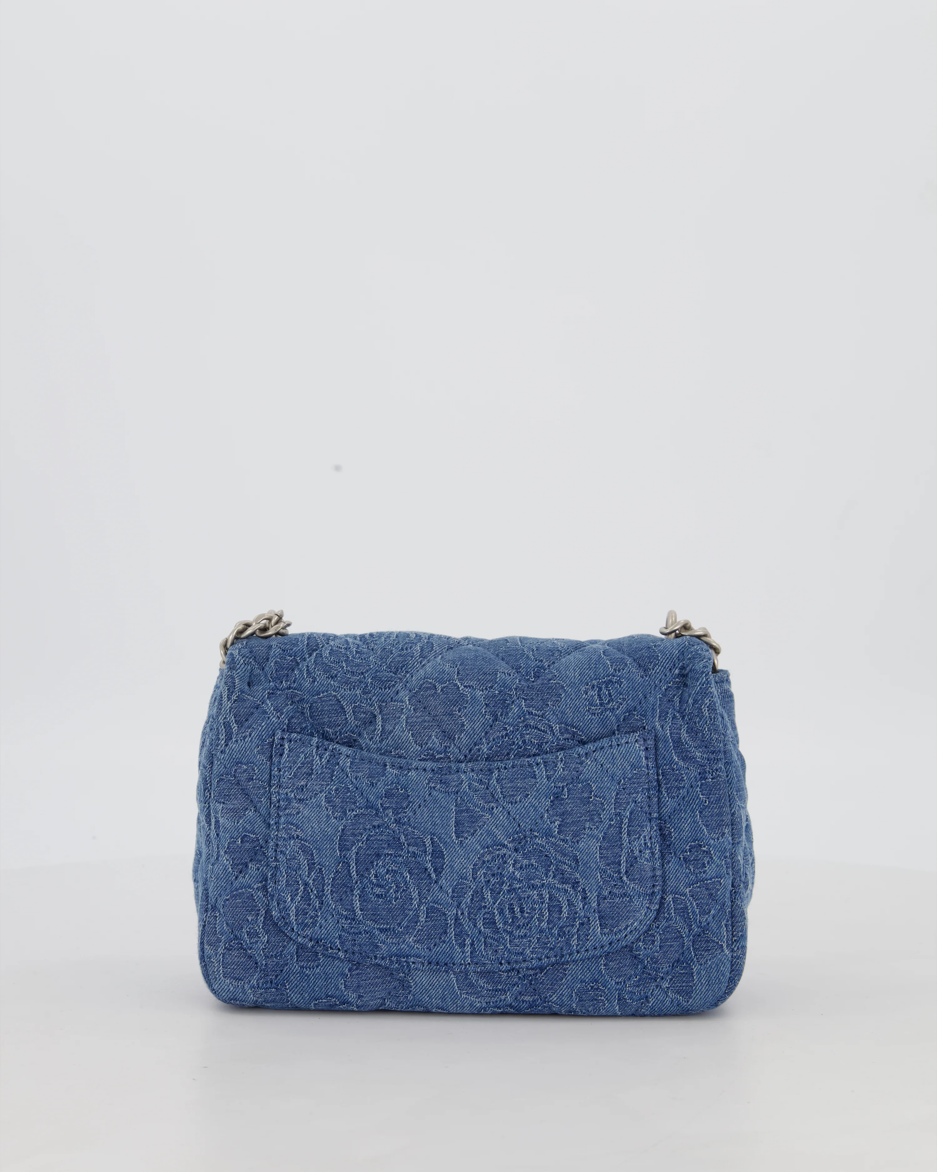 *HOT* Chanel 23P Mini Rectangular Flap Bag in Blue Quilted Denim with Camelia Print and Brushed Silver Hardware - Image 7