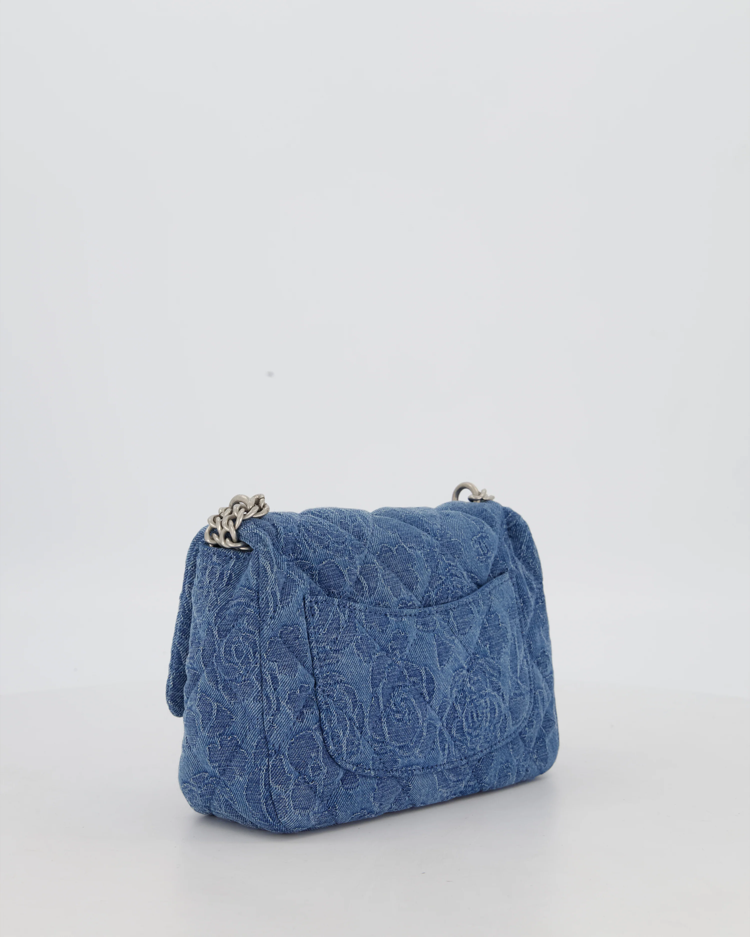 *HOT* Chanel 23P Mini Rectangular Flap Bag in Blue Quilted Denim with Camelia Print and Brushed Silver Hardware - Image 8