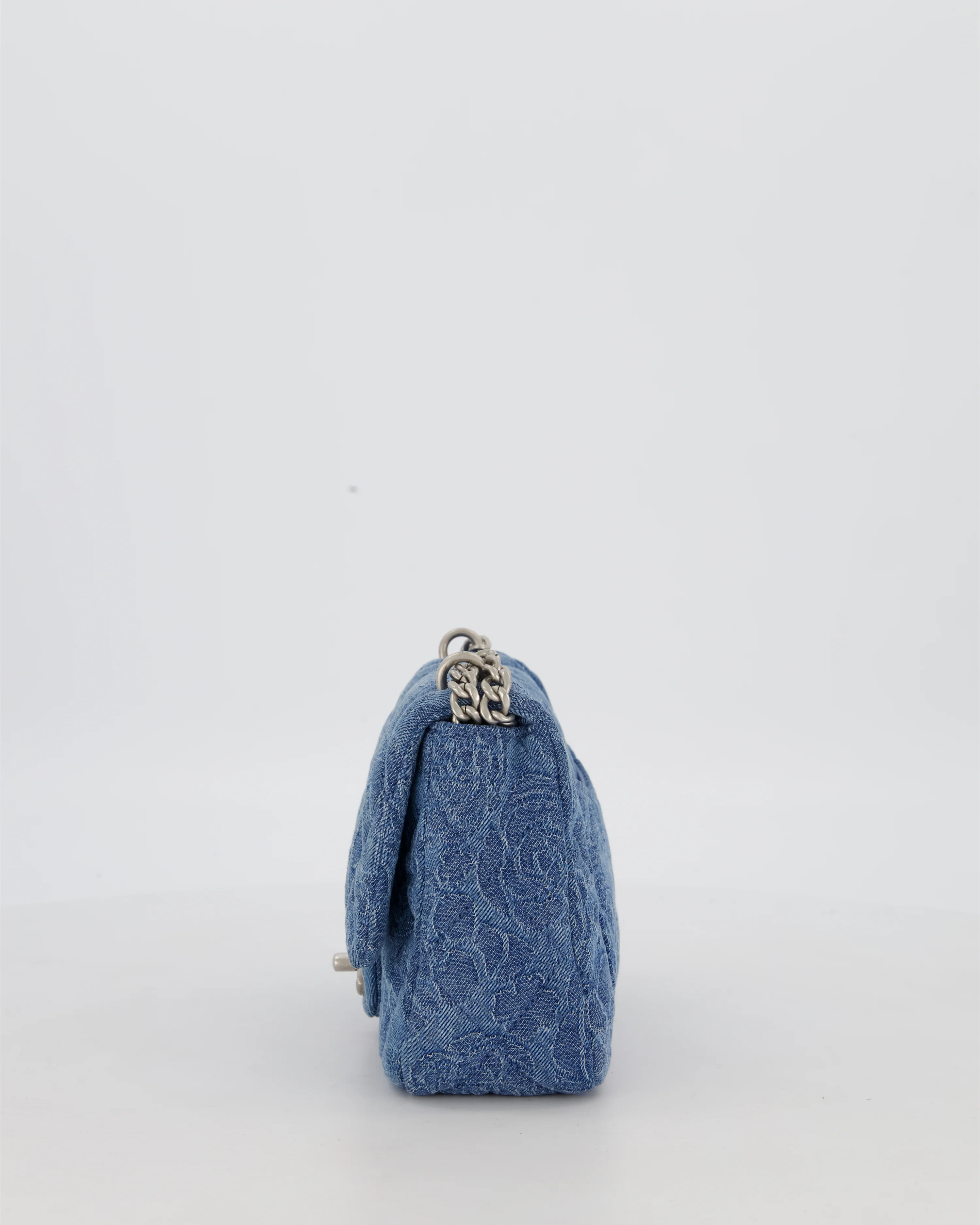*HOT* Chanel 23P Mini Rectangular Flap Bag in Blue Quilted Denim with Camelia Print and Brushed Silver Hardware - Image 9