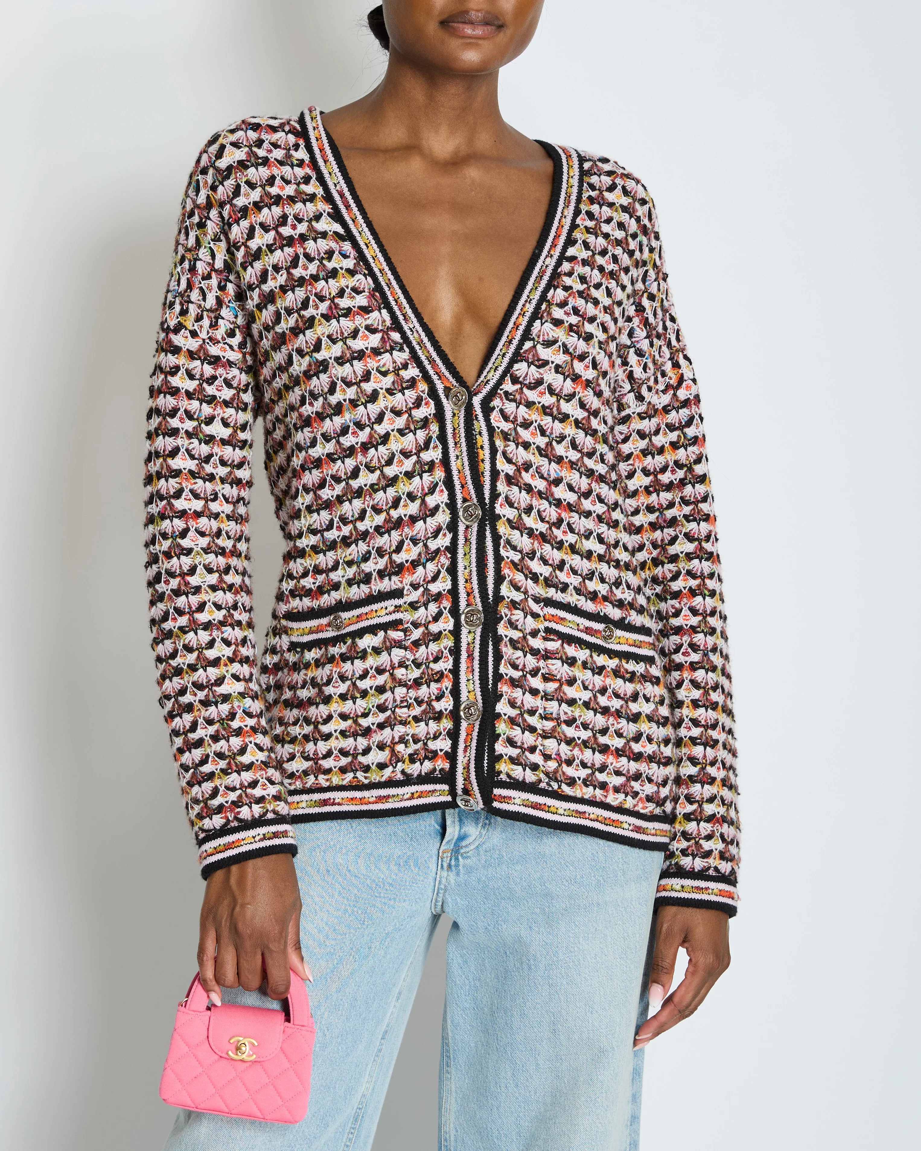 Chanel Multi-Colour Long Sleeve Cashmere Blend Knit Cardigan with Silver CC Logo Buttons Size FR 36 (UK 8)