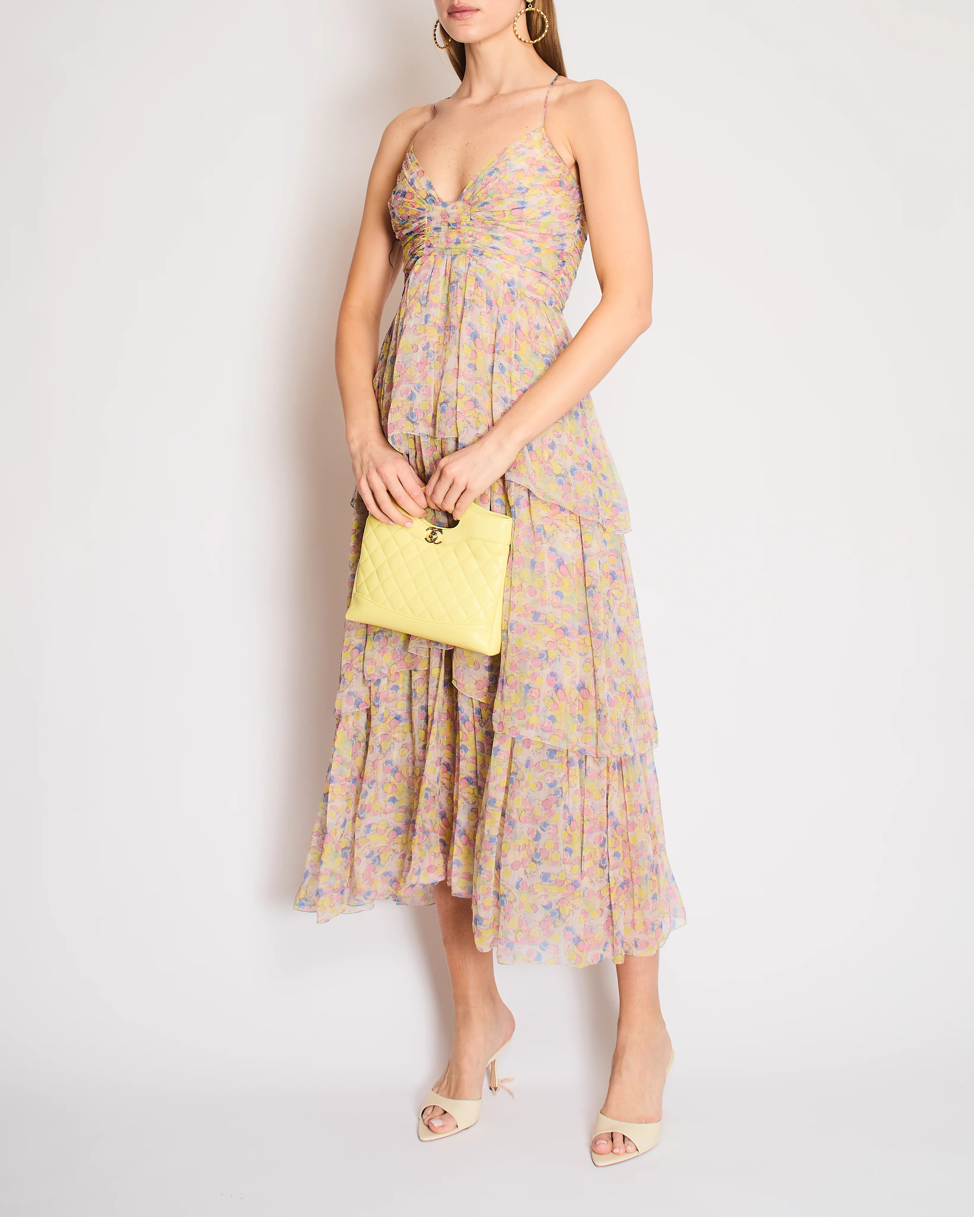 Chanel Cruise 2011 Multi-Colour Silk Polkadot Tiered Sleeveless Maxi Dress with CC Logos Size FR 36 (UK 8)