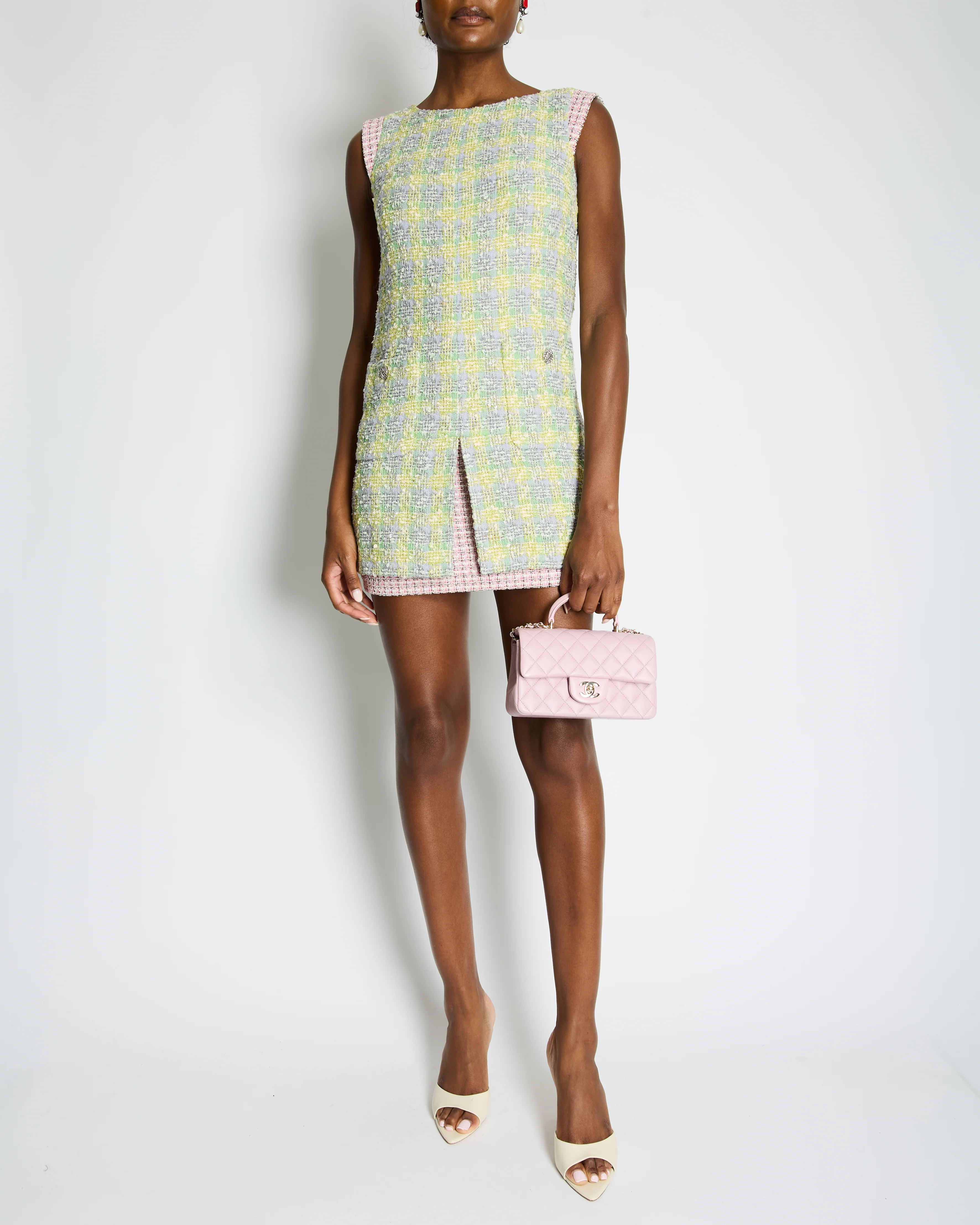 Chanel Yellow, Green Pink Boucle Tweed Shift Dress FR 36 (UK 8)