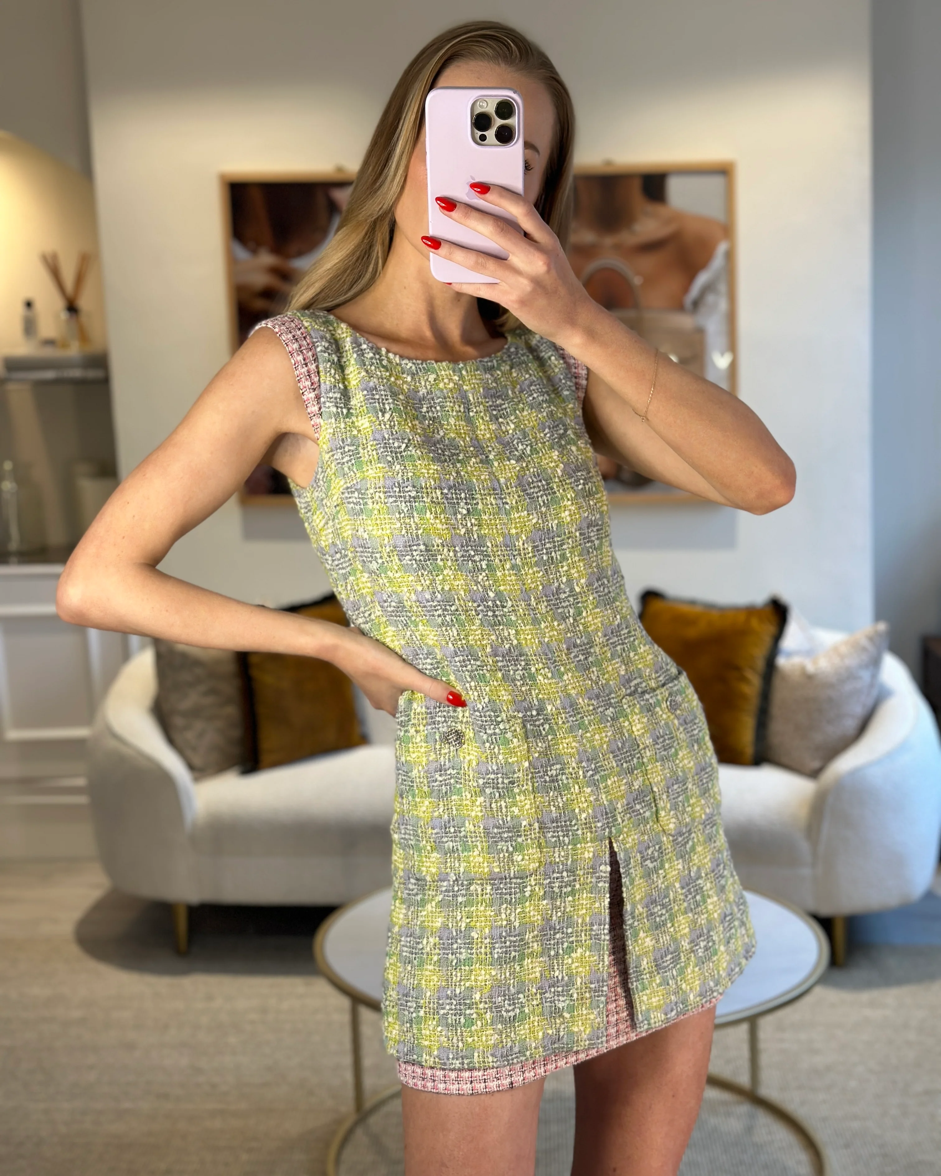 Chanel Yellow, Green Pink Boucle Tweed Shift Dress FR 36 (UK 8) - Image 6