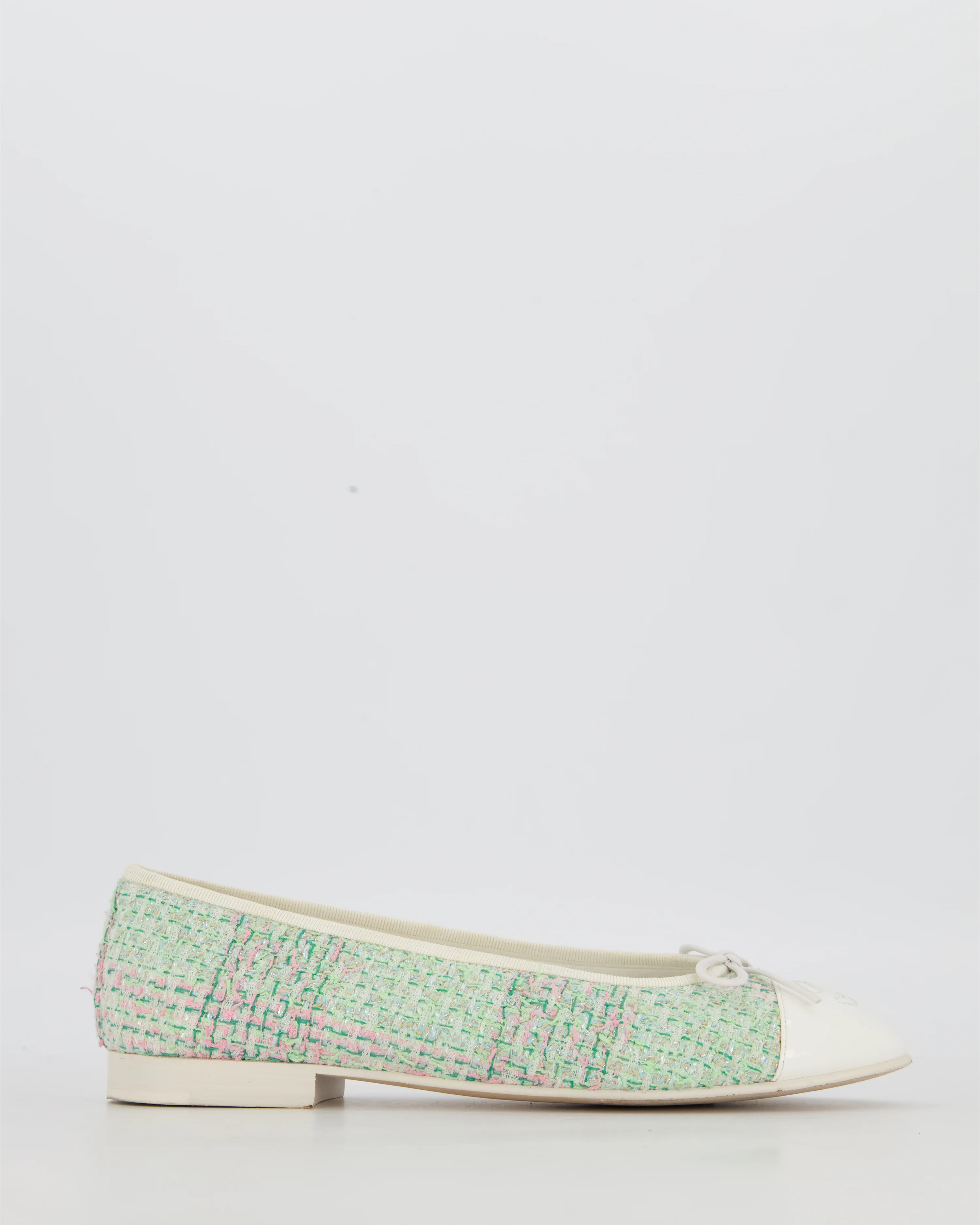 Chanel Multicolour Tweed Ballet Flats With White Patent Toe Cap Size EU 37.5