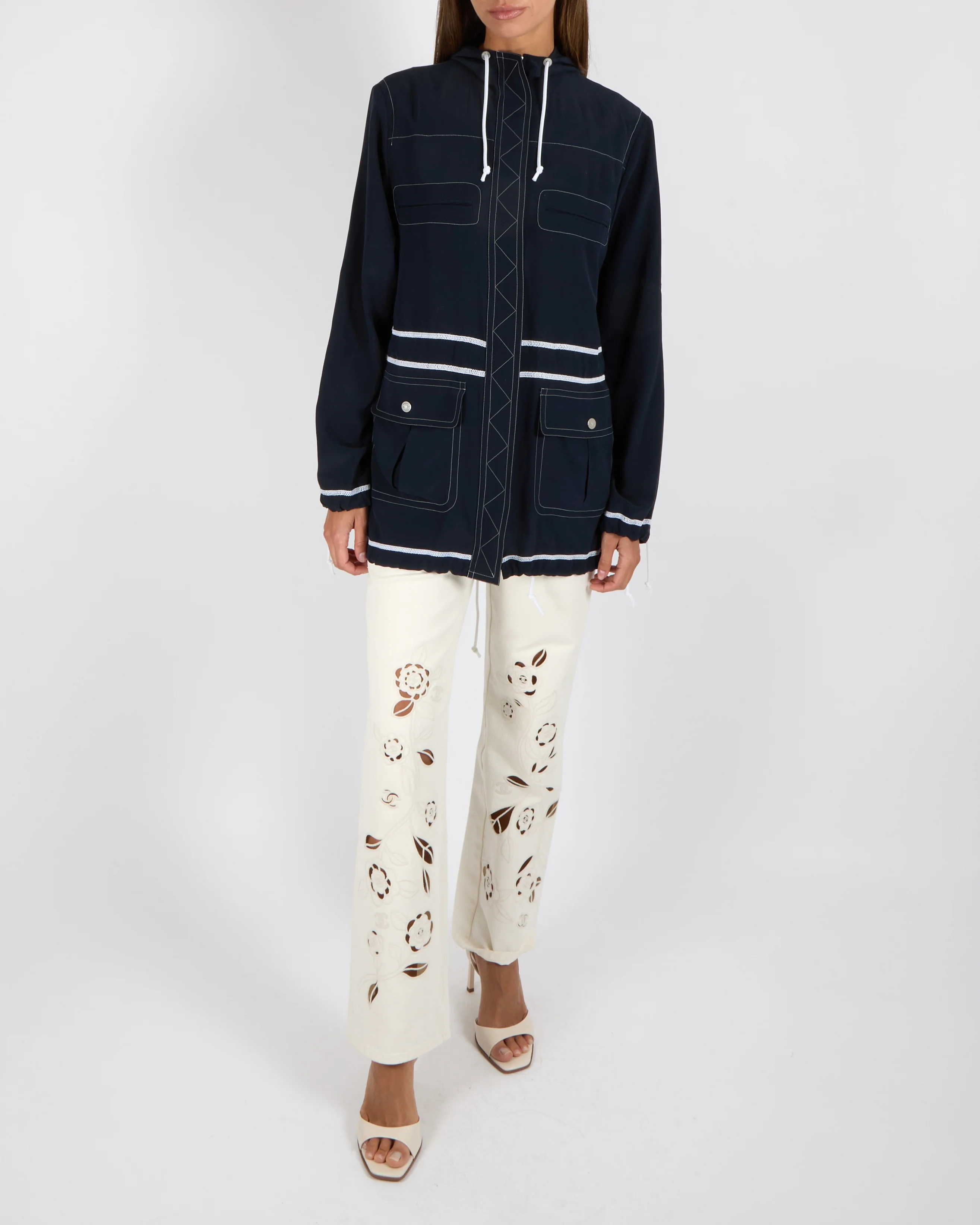 Chanel Navy and White Silk Hooded Jacket with Stitch Details and Drawstrings with Silver CC Logo Buttons Size FR 36 (UK 8) - Image 2