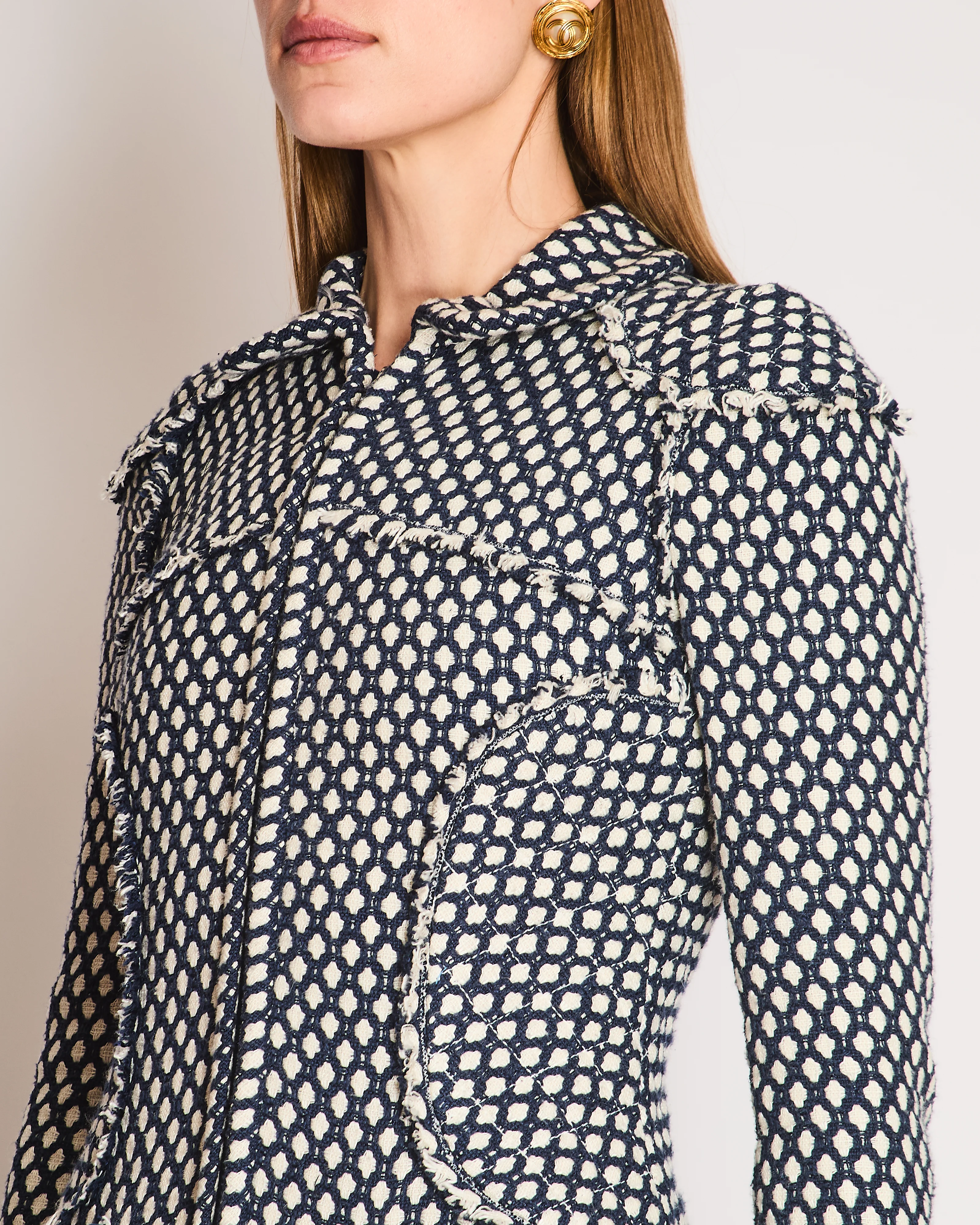 Chanel Navy, White Tweed Fringe Coat with Fringed Trims and a Silver Zip Size FR 38 (UK 10) - Image 2