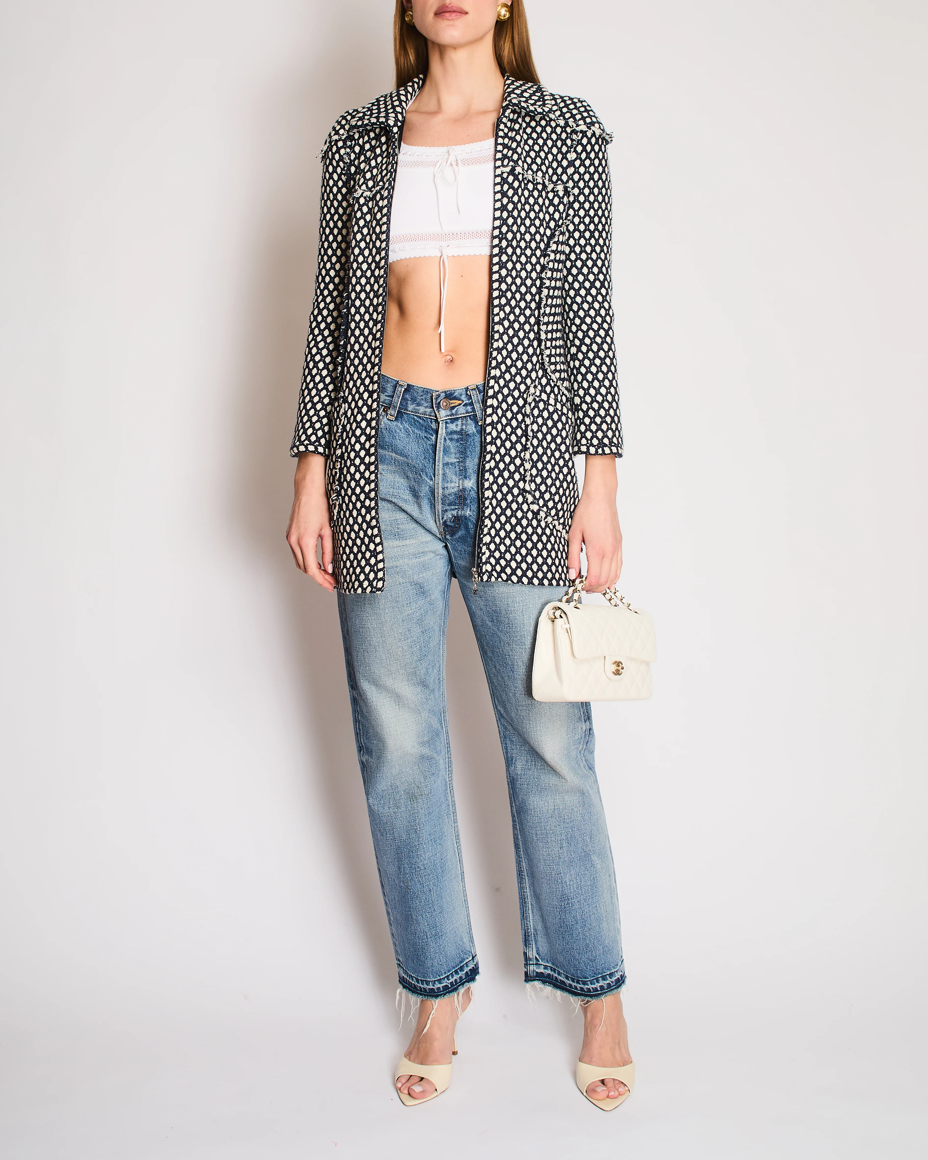 Chanel Navy, White Tweed Fringe Coat with Fringed Trims and a Silver Zip Size FR 38 (UK 10) - Image 3