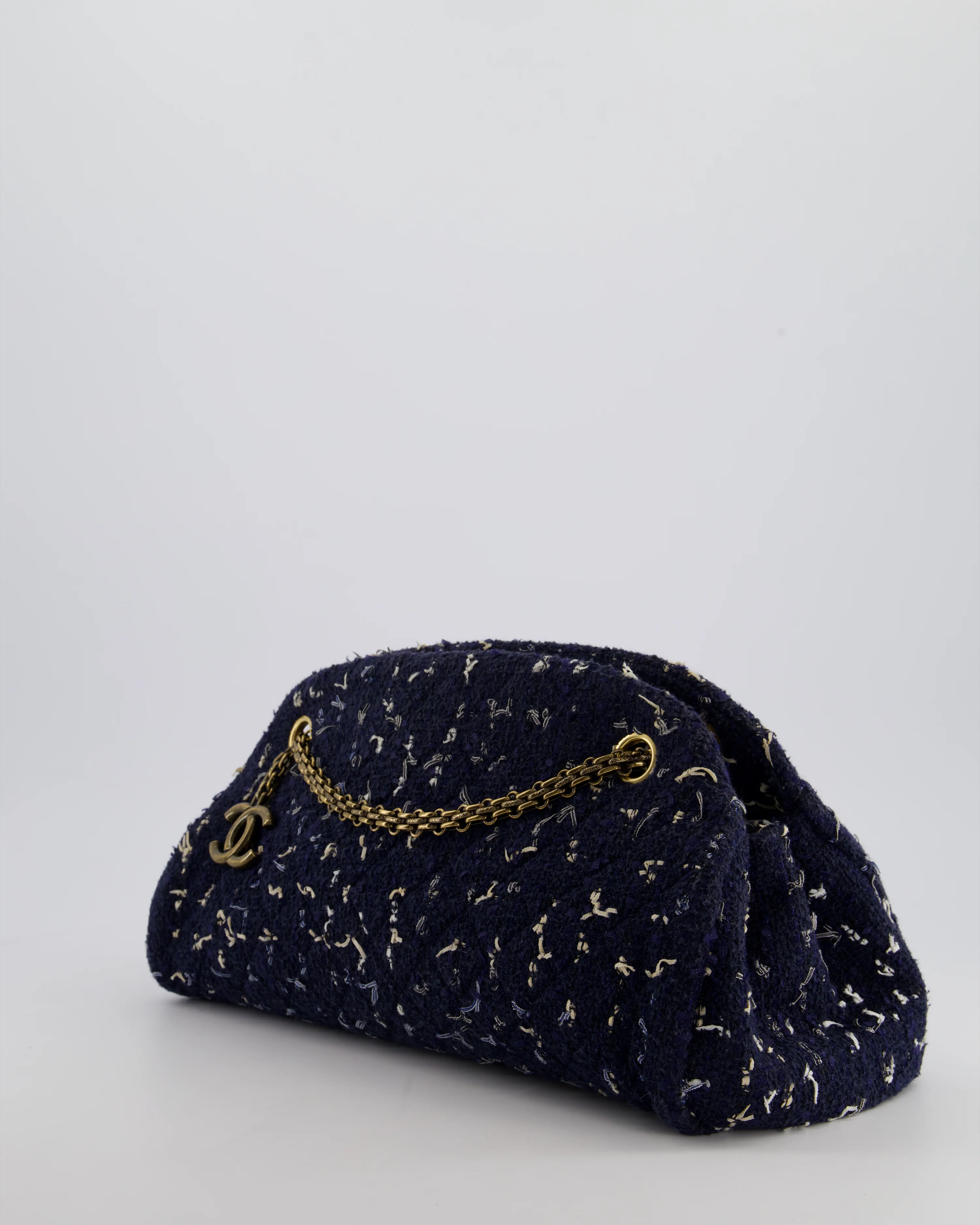 Chanel Navy Blue & White Tweed Mademoiselle Shoulder Bag With Antique Gold Hardware - Image 11