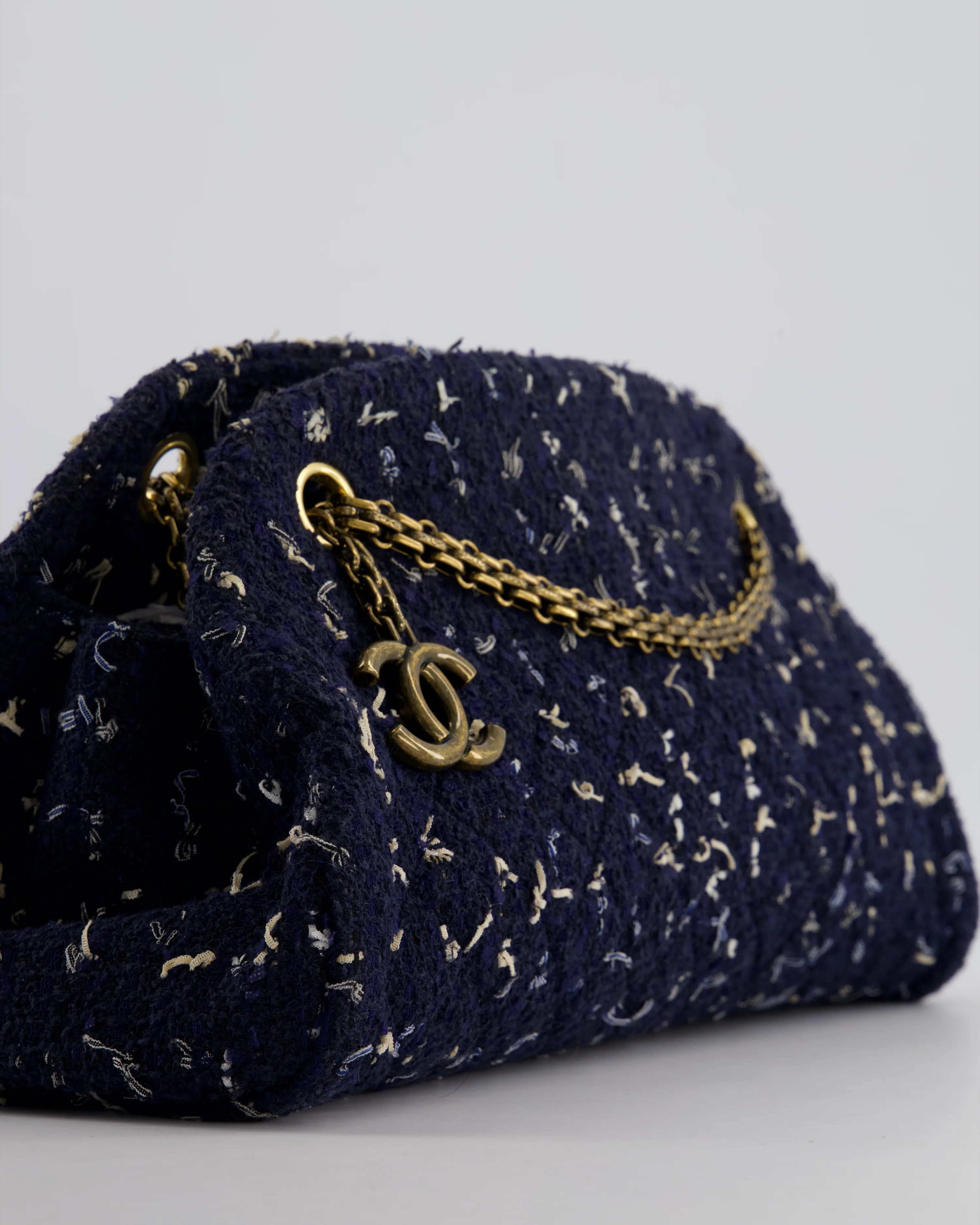 Chanel Navy Blue & White Tweed Mademoiselle Shoulder Bag With Antique Gold Hardware - Image 12
