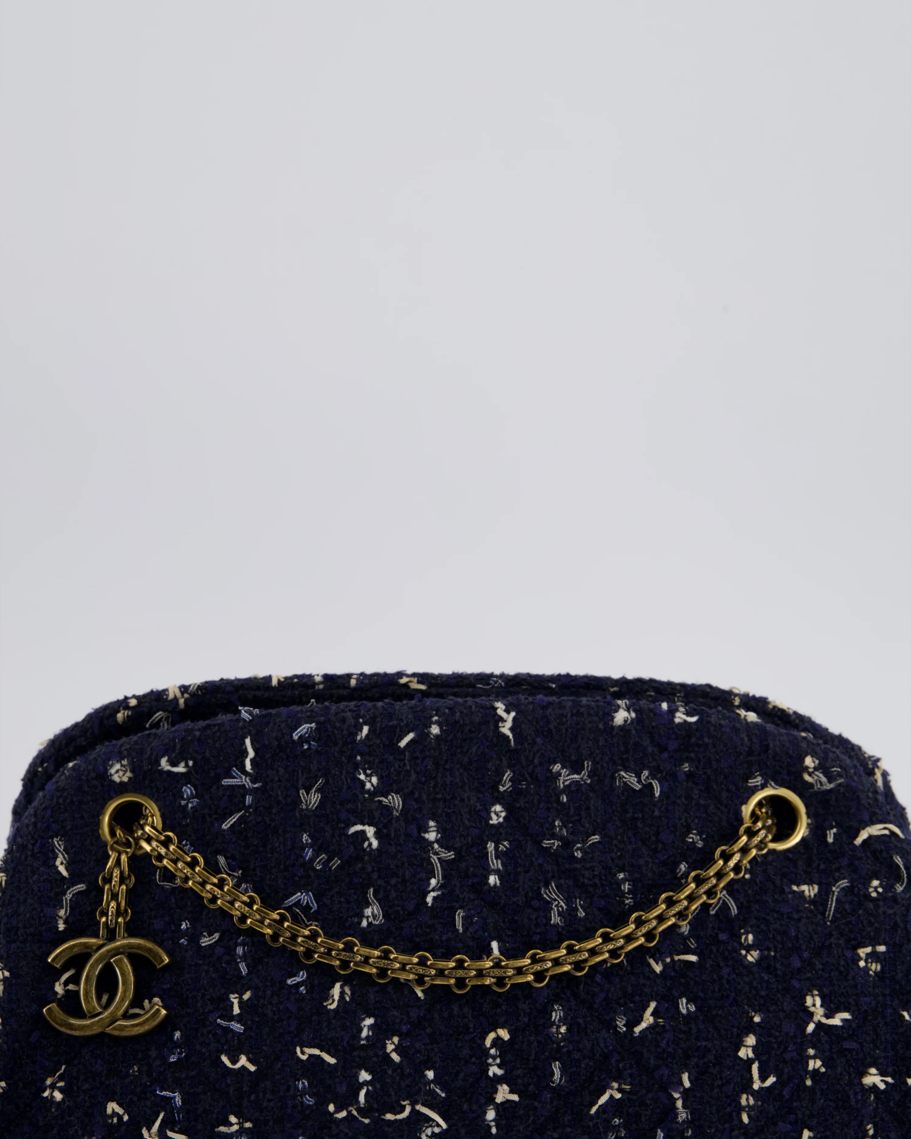 Chanel Navy Blue & White Tweed Mademoiselle Shoulder Bag With Antique Gold Hardware - Image 16