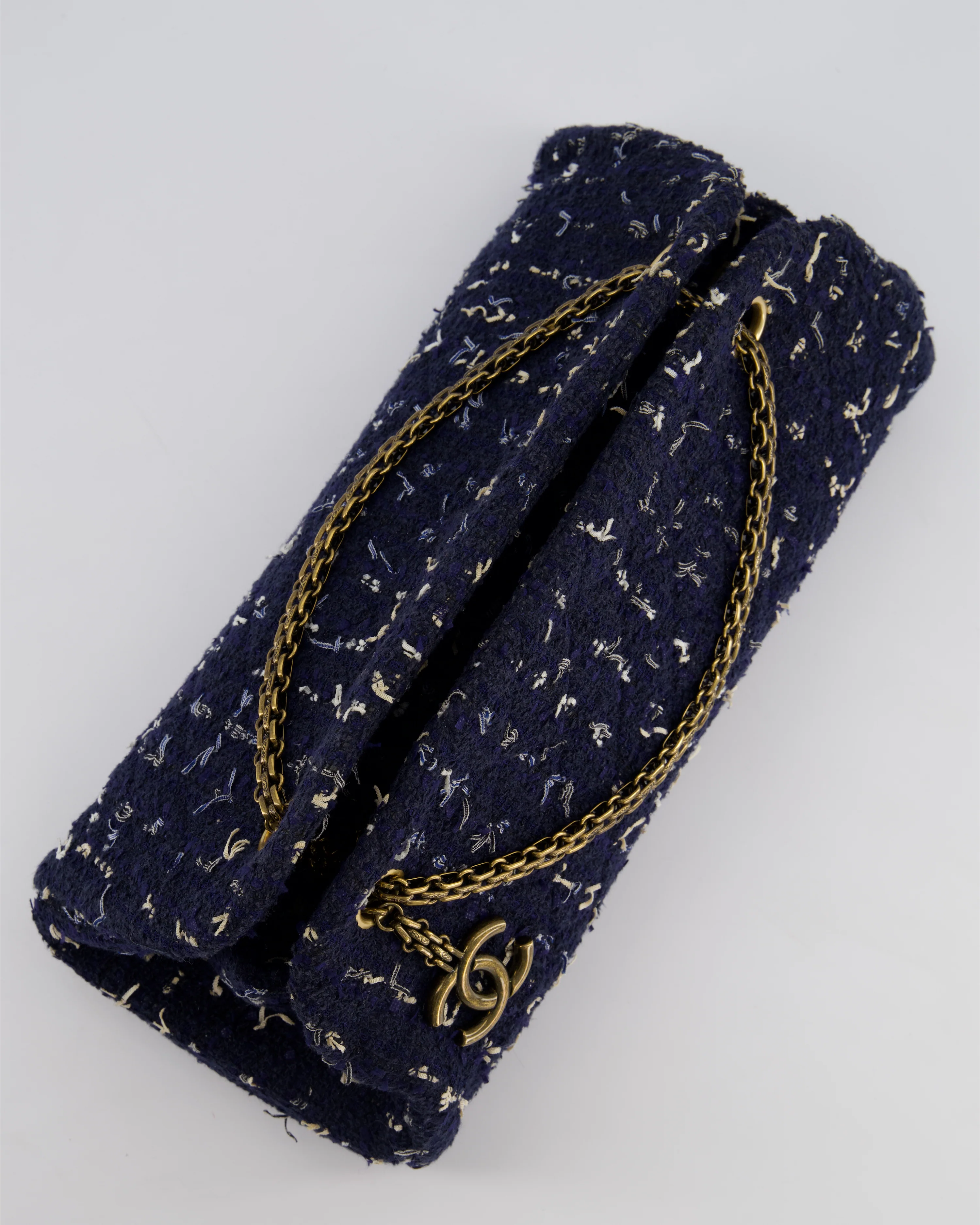 Chanel Navy Blue & White Tweed Mademoiselle Shoulder Bag With Antique Gold Hardware - Image 17