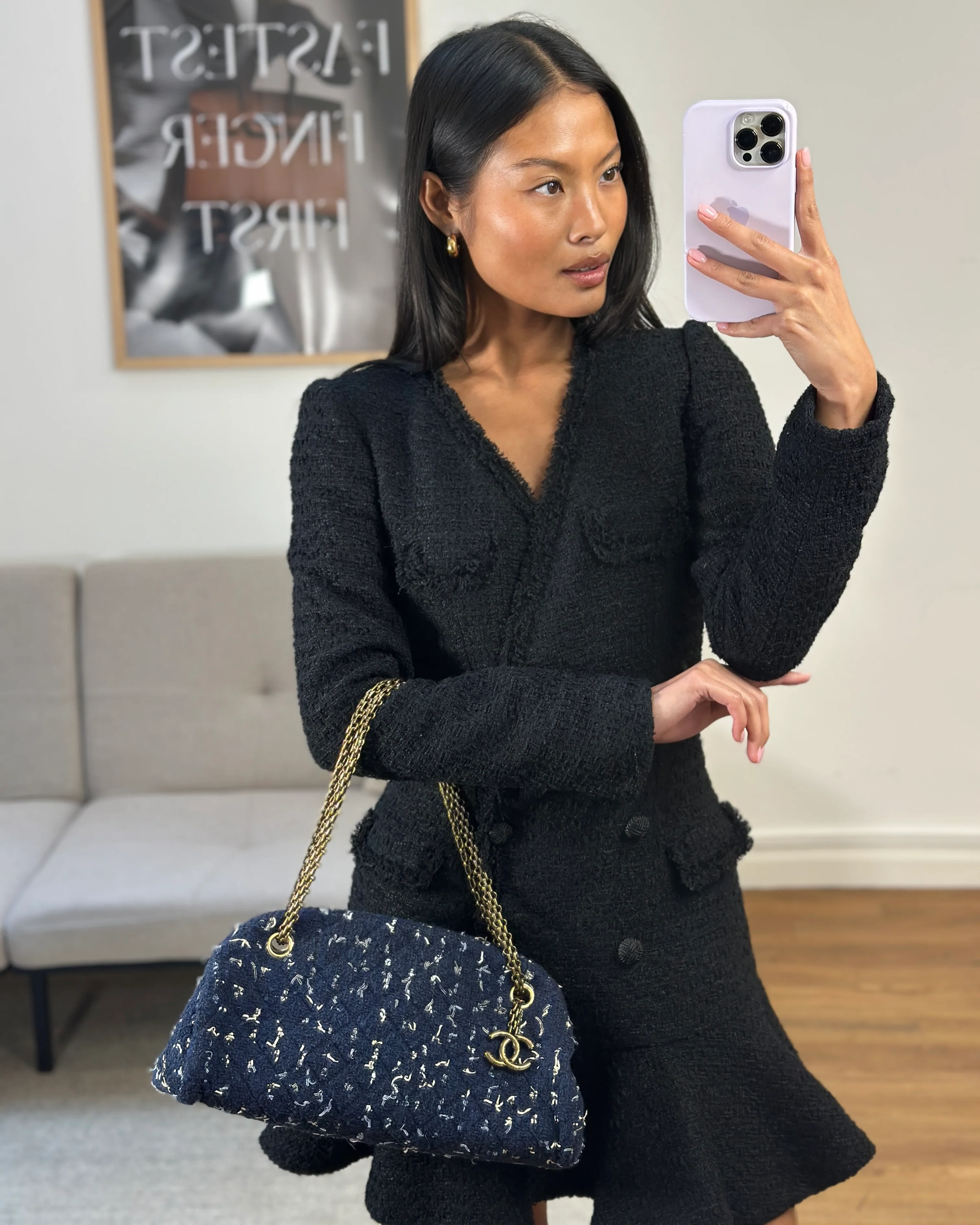 Chanel Navy Blue & White Tweed Mademoiselle Shoulder Bag With Antique Gold Hardware - Image 2
