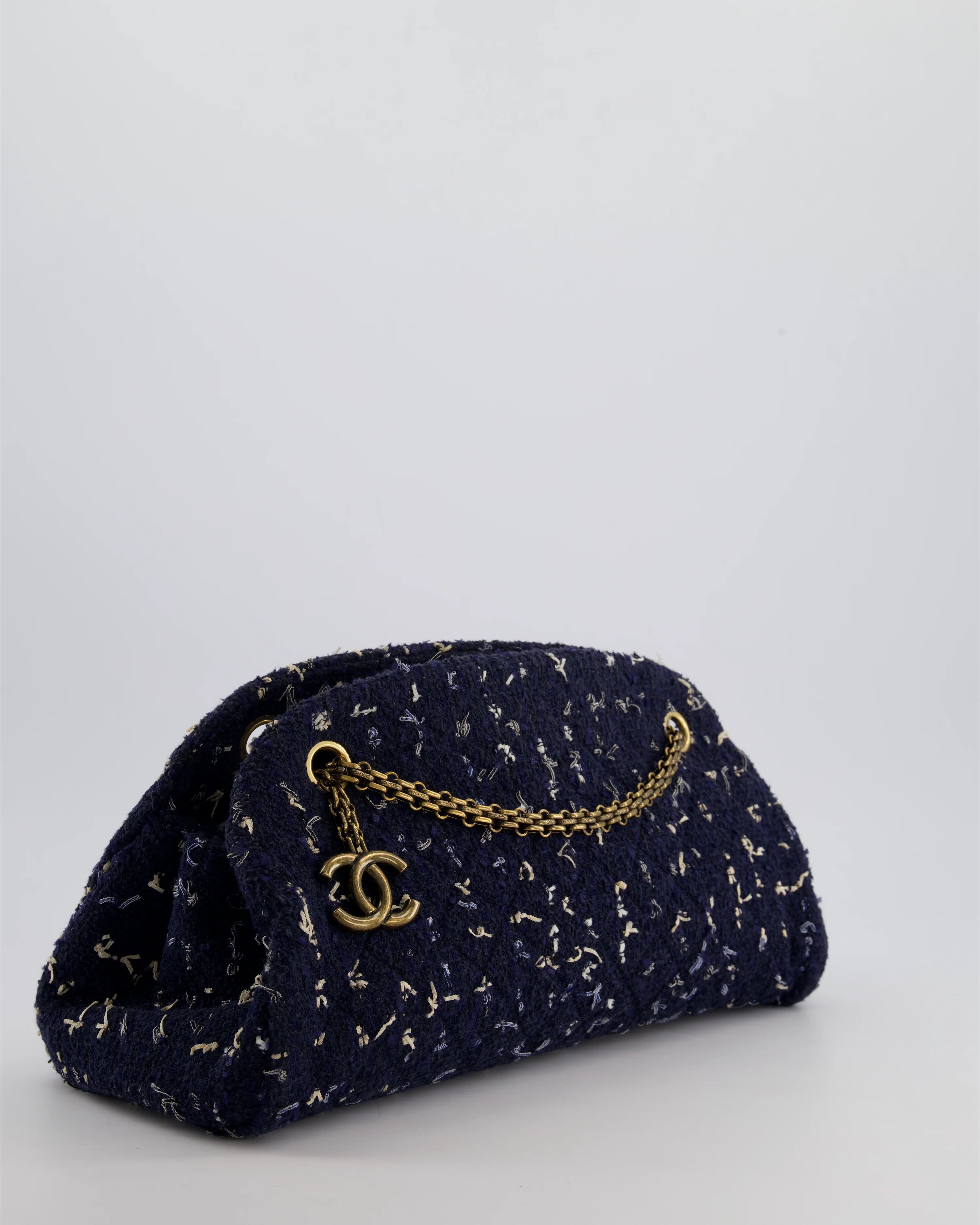 Chanel Navy Blue & White Tweed Mademoiselle Shoulder Bag With Antique Gold Hardware - Image 5