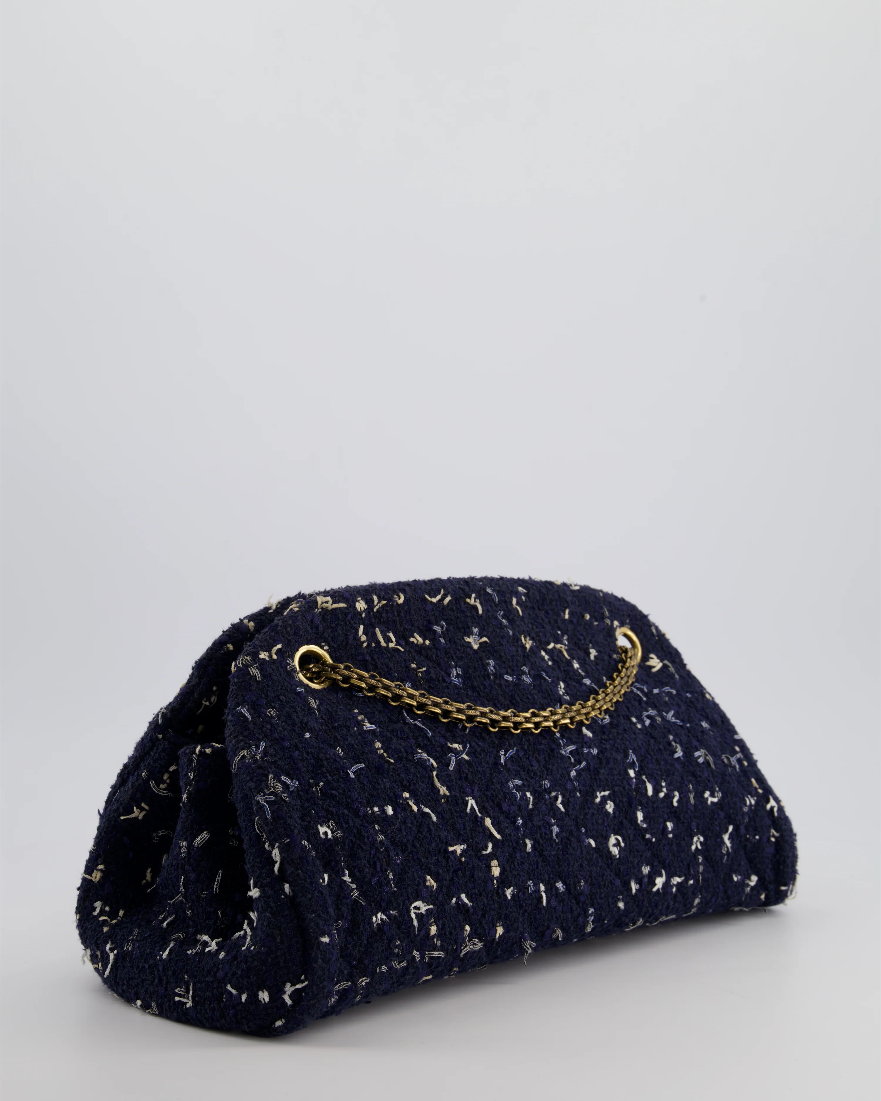 Chanel Navy Blue & White Tweed Mademoiselle Shoulder Bag With Antique Gold Hardware - Image 9