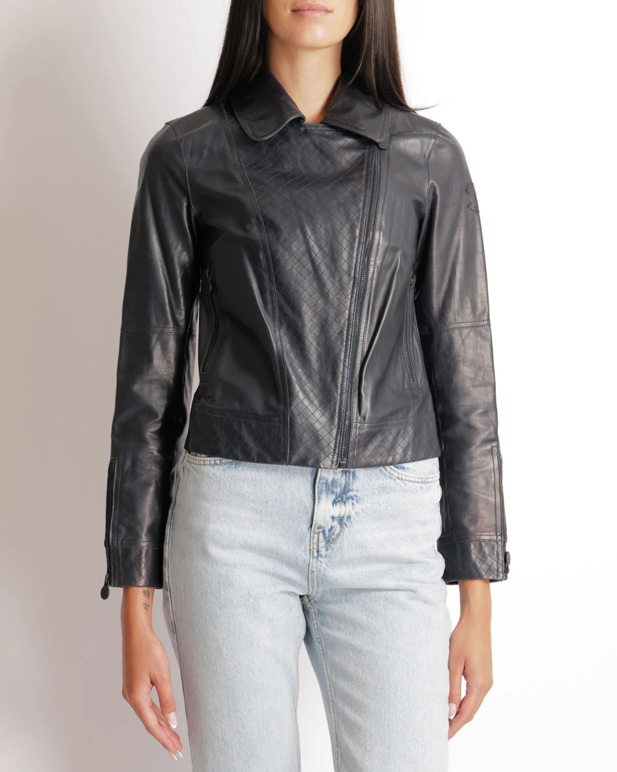 Chanel 12P Navy Calfskin Leather Jacket with Quilted Details and Black CC Logo Buttons Size FR 34 (UK 6)
