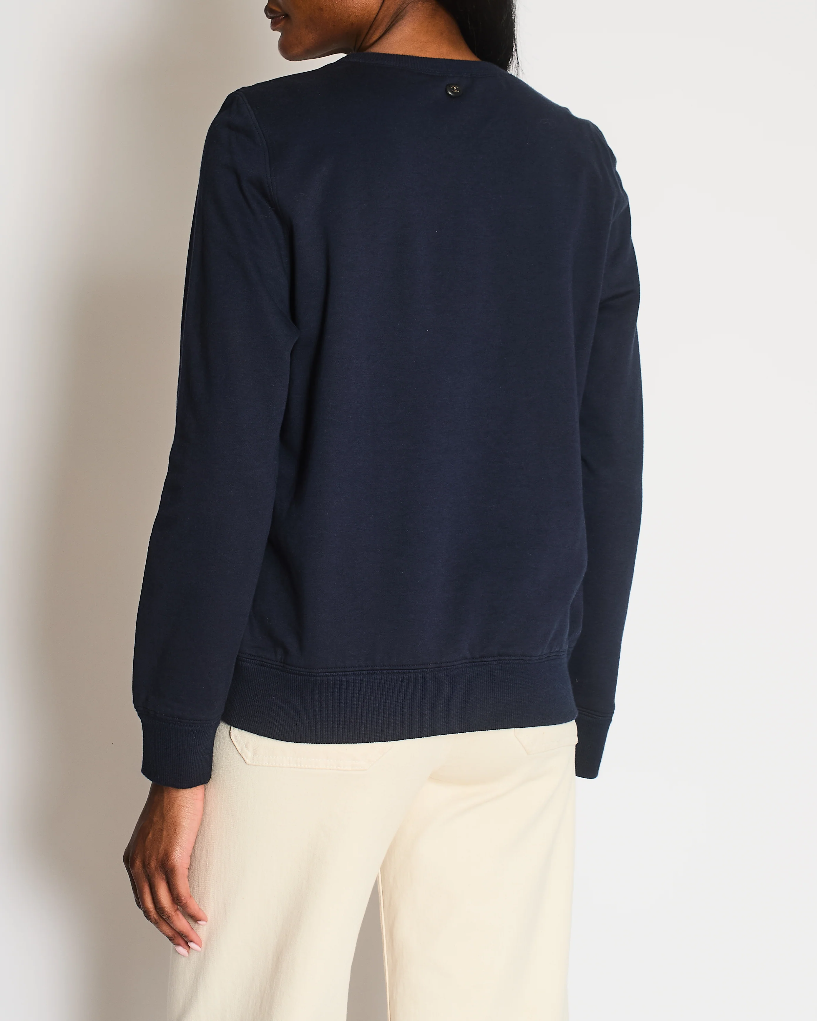 Chanel 17A Navy Crewneck Jumper with Black and Burgundy Velours Gabrielle Chanel Prints and Silver and Black CC Logo Button Detail Size FR 40 (UK 12) - Image 2