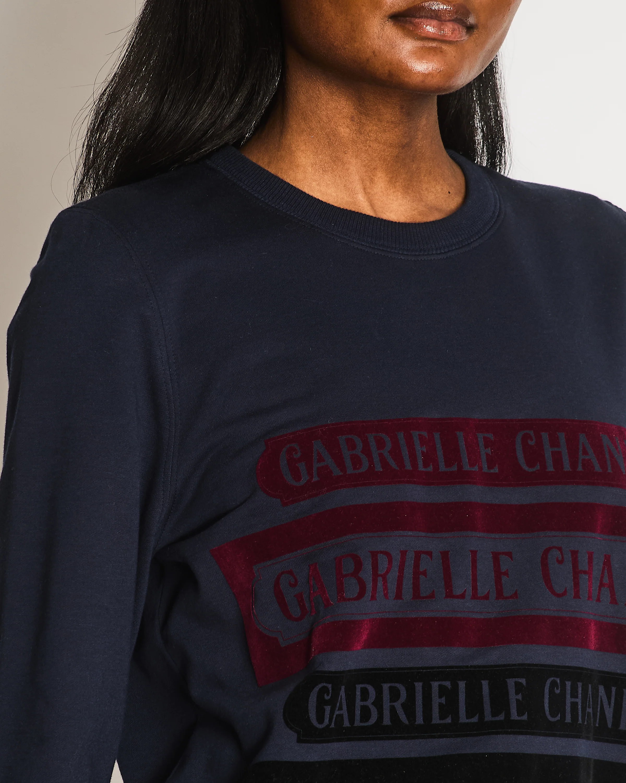 Chanel 17A Navy Crewneck Jumper with Black and Burgundy Velours Gabrielle Chanel Prints and Silver and Black CC Logo Button Detail Size FR 40 (UK 12) - Image 3