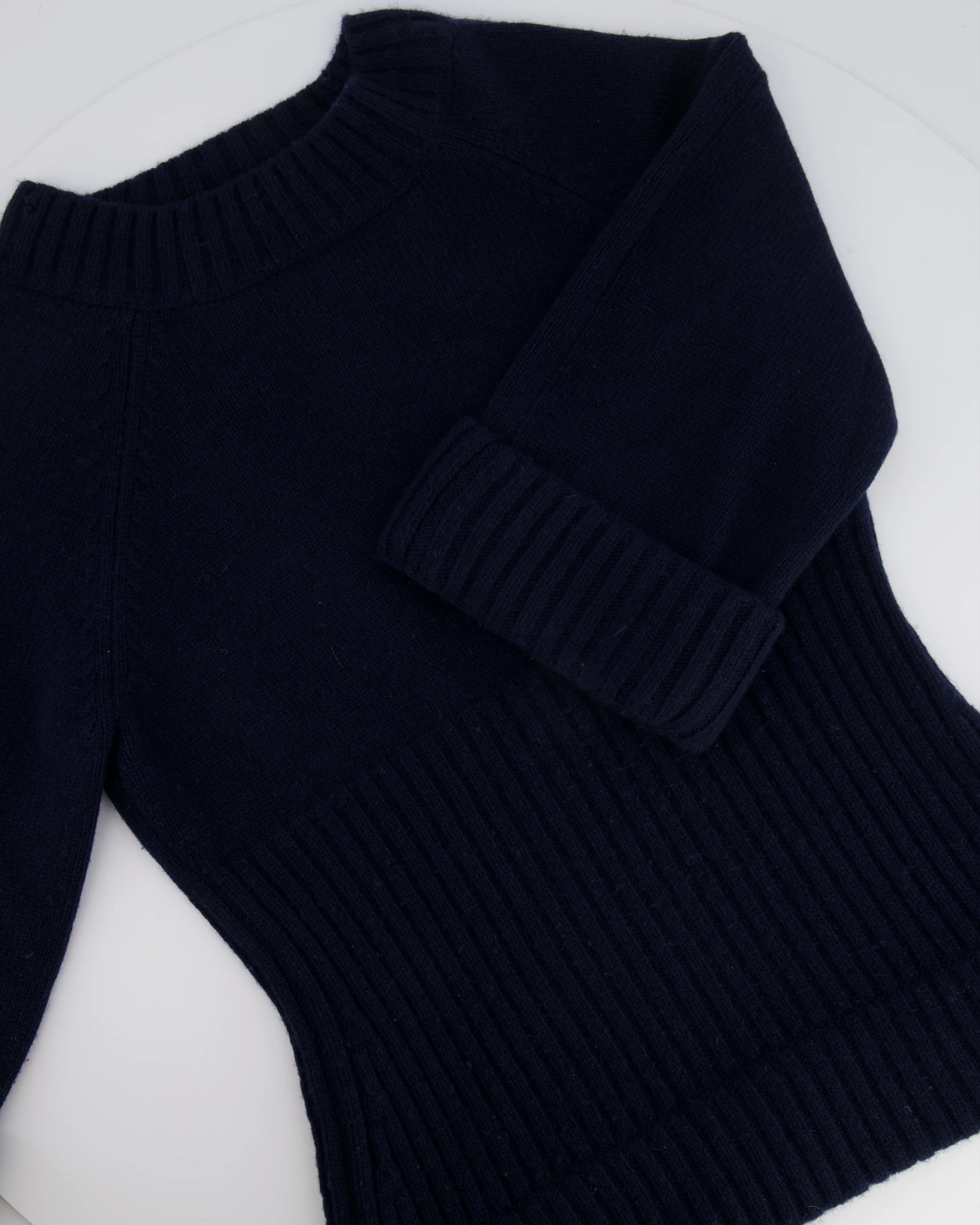 Chanel 17A Navy Crewneck Jumper with Black and Burgundy Velours Gabrielle Chanel Prints and Silver and Black CC Logo Button Detail Size FR 40 (UK 12) - Image 4