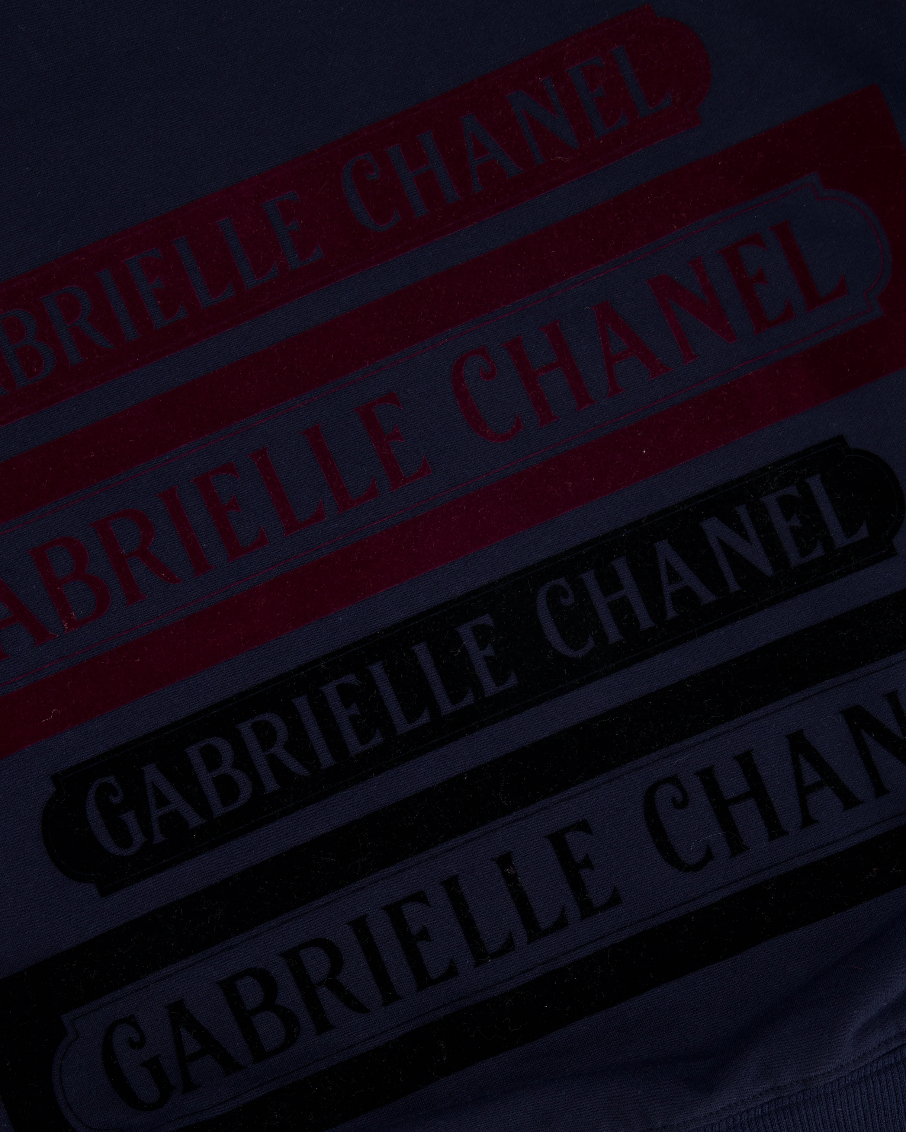 Chanel 17A Navy Crewneck Jumper with Black and Burgundy Velours Gabrielle Chanel Prints and Silver and Black CC Logo Button Detail Size FR 40 (UK 12) - Image 5