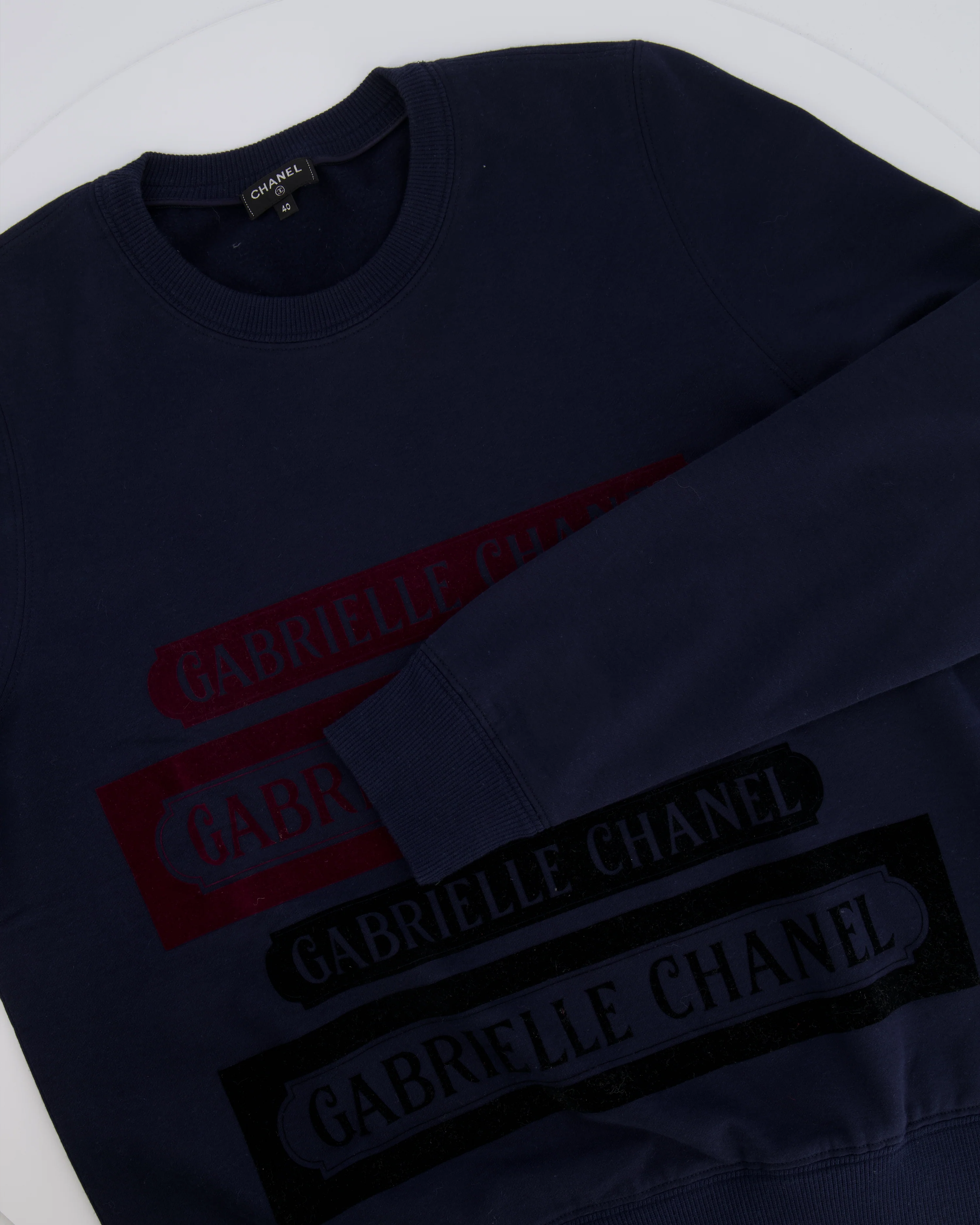 Chanel 17A Navy Crewneck Jumper with Black and Burgundy Velours Gabrielle Chanel Prints and Silver and Black CC Logo Button Detail Size FR 40 (UK 12) - Image 6