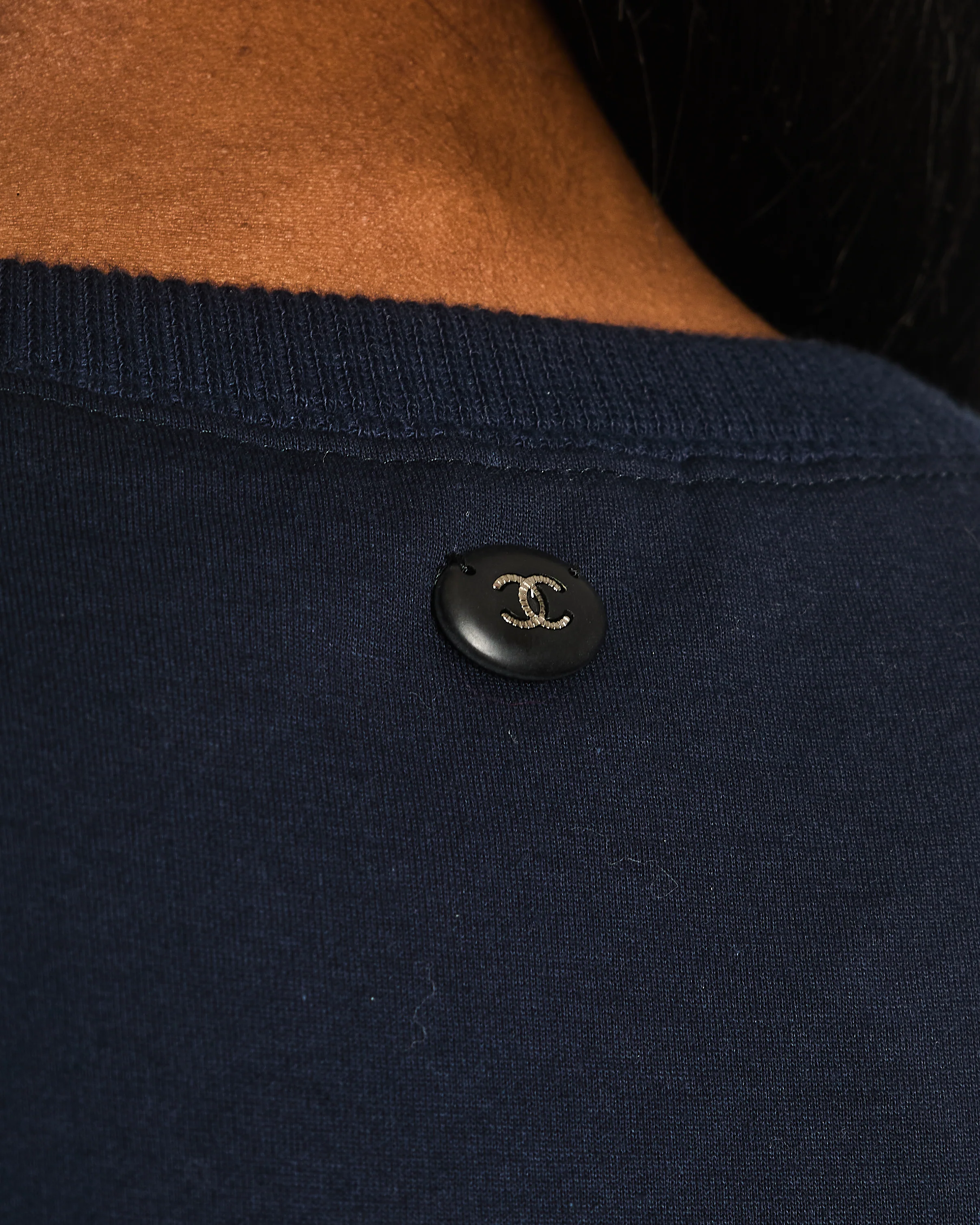 Chanel 17A Navy Crewneck Jumper with Black and Burgundy Velours Gabrielle Chanel Prints and Silver and Black CC Logo Button Detail Size FR 40 (UK 12) - Image 7