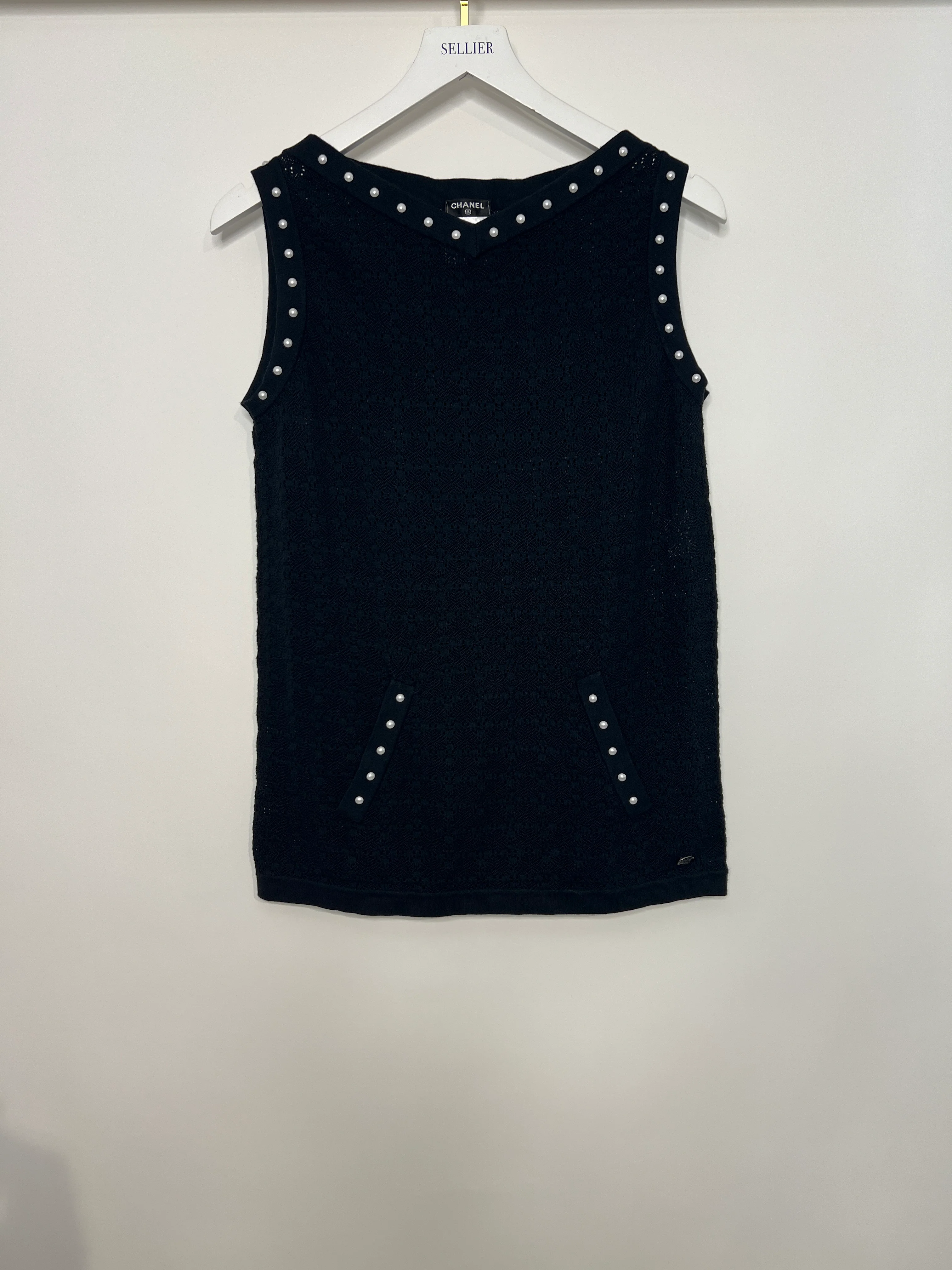Chanel Navy Crochet Vest Top with Pearl Trim and Front Pocket Detail FR 34 (UK 6) - Image 3